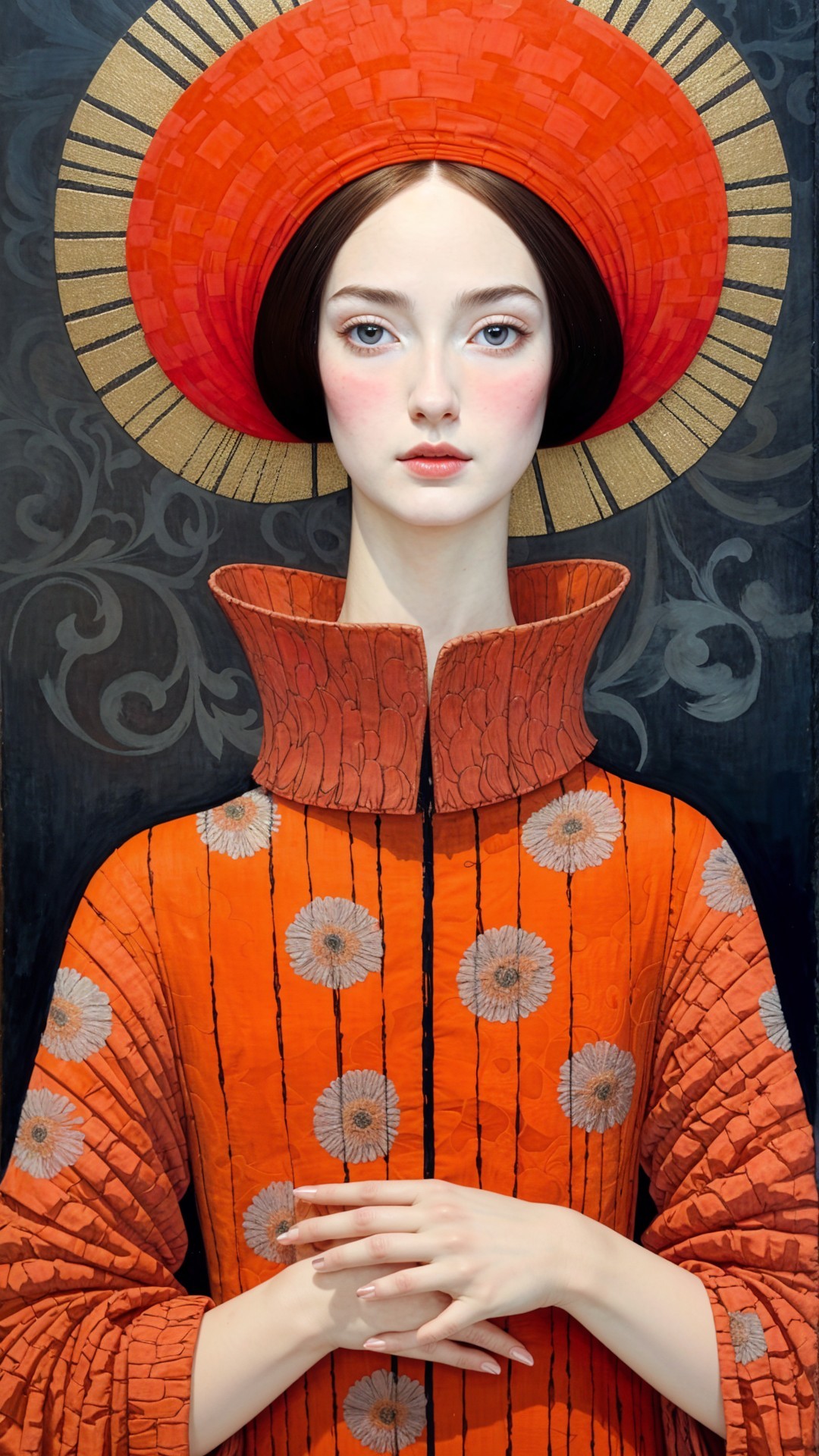 Portrait of a Woman in Vibrant Red Garment and Patterns