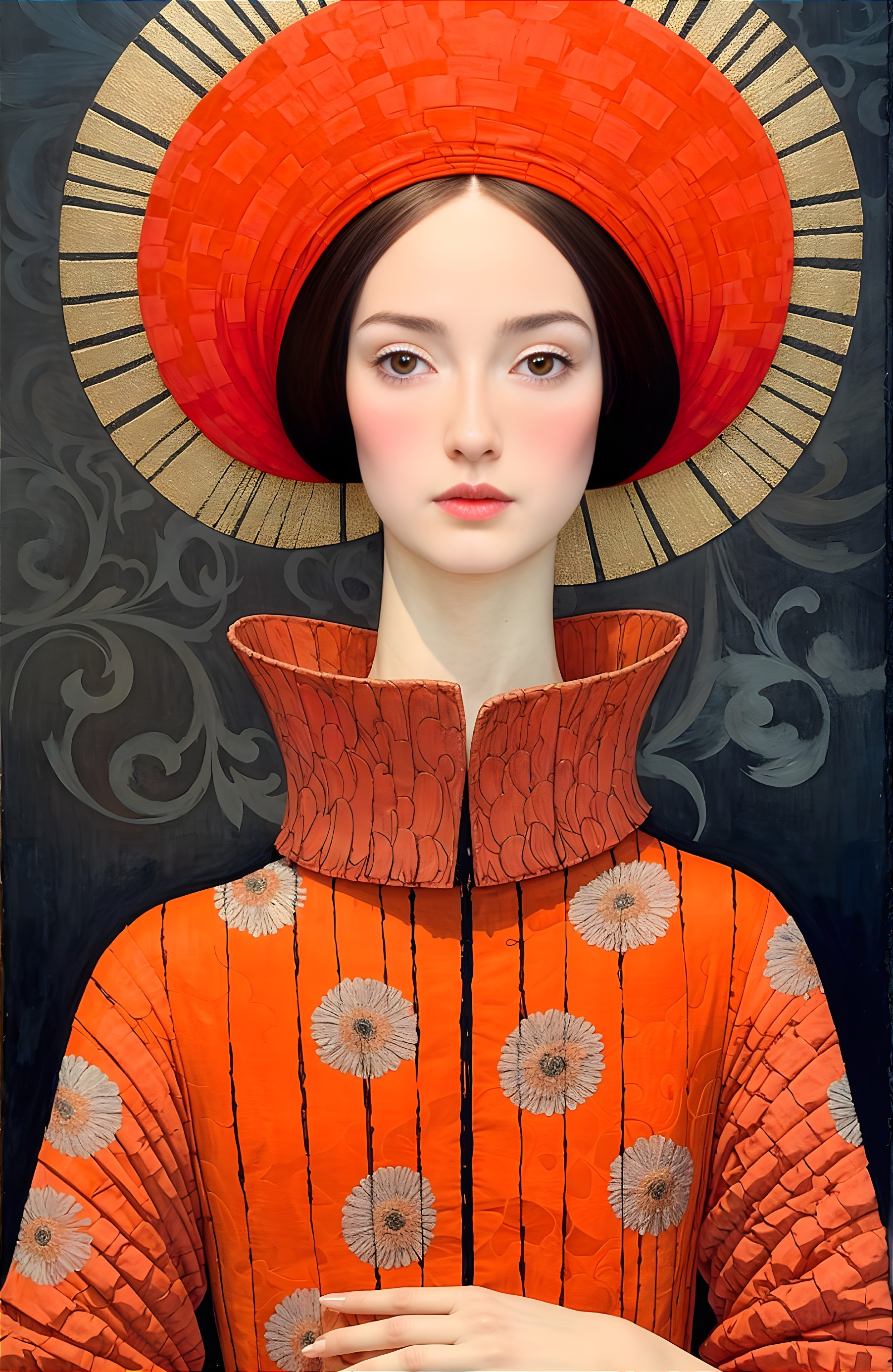 Portrait of a Woman in Vibrant Red Garment and Patterns