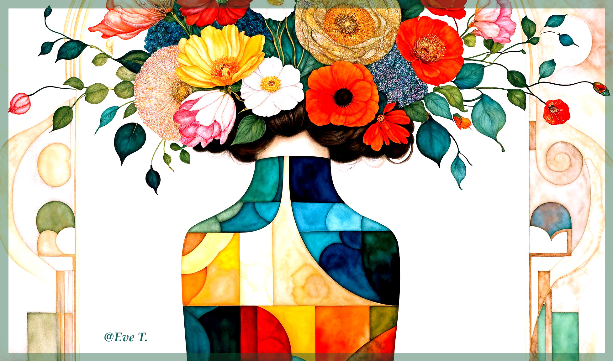 Stylized Silhouette of Woman with Colorful Flowers