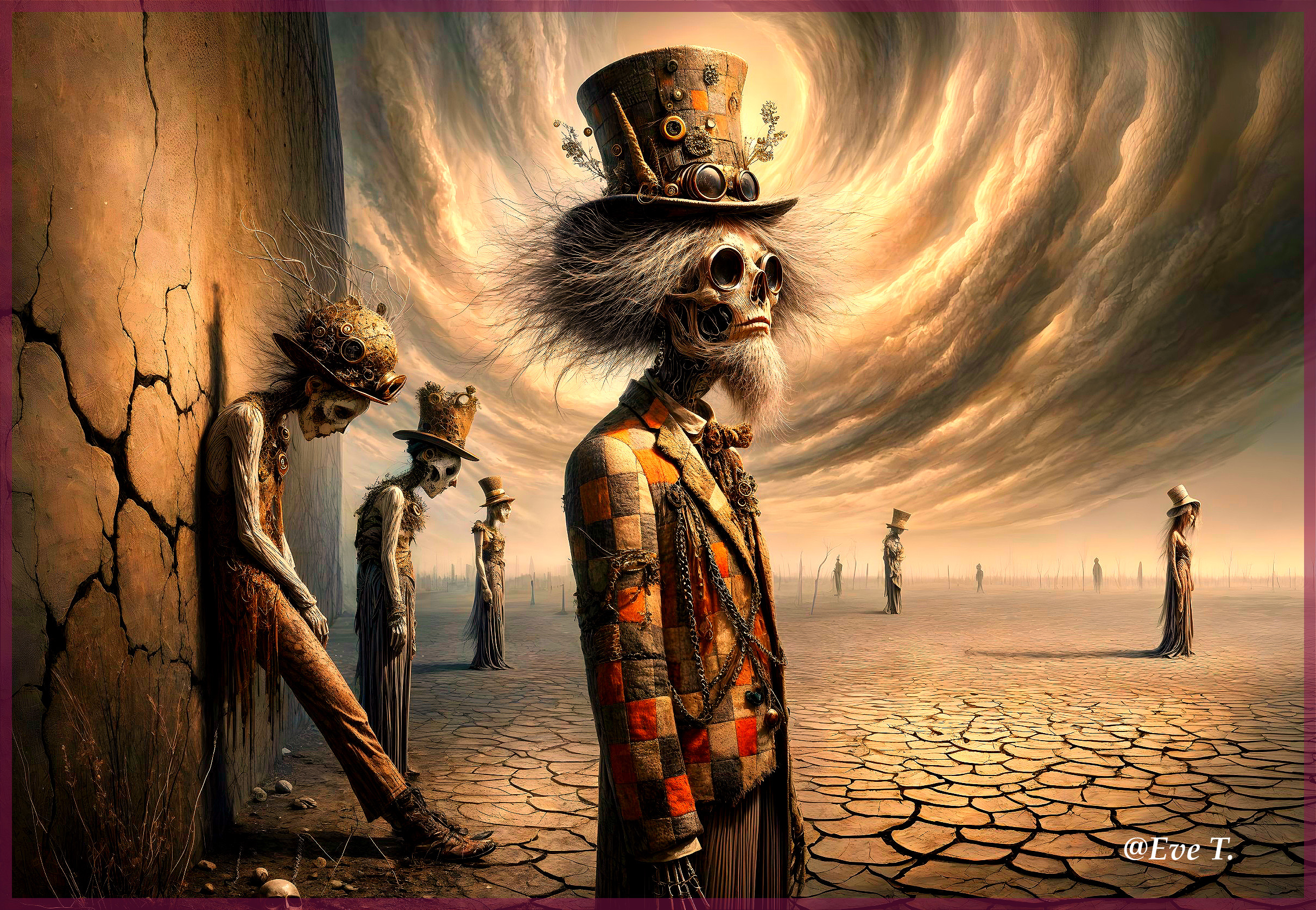 Surreal Landscape with Skeletal Figures in Vintage Attire
