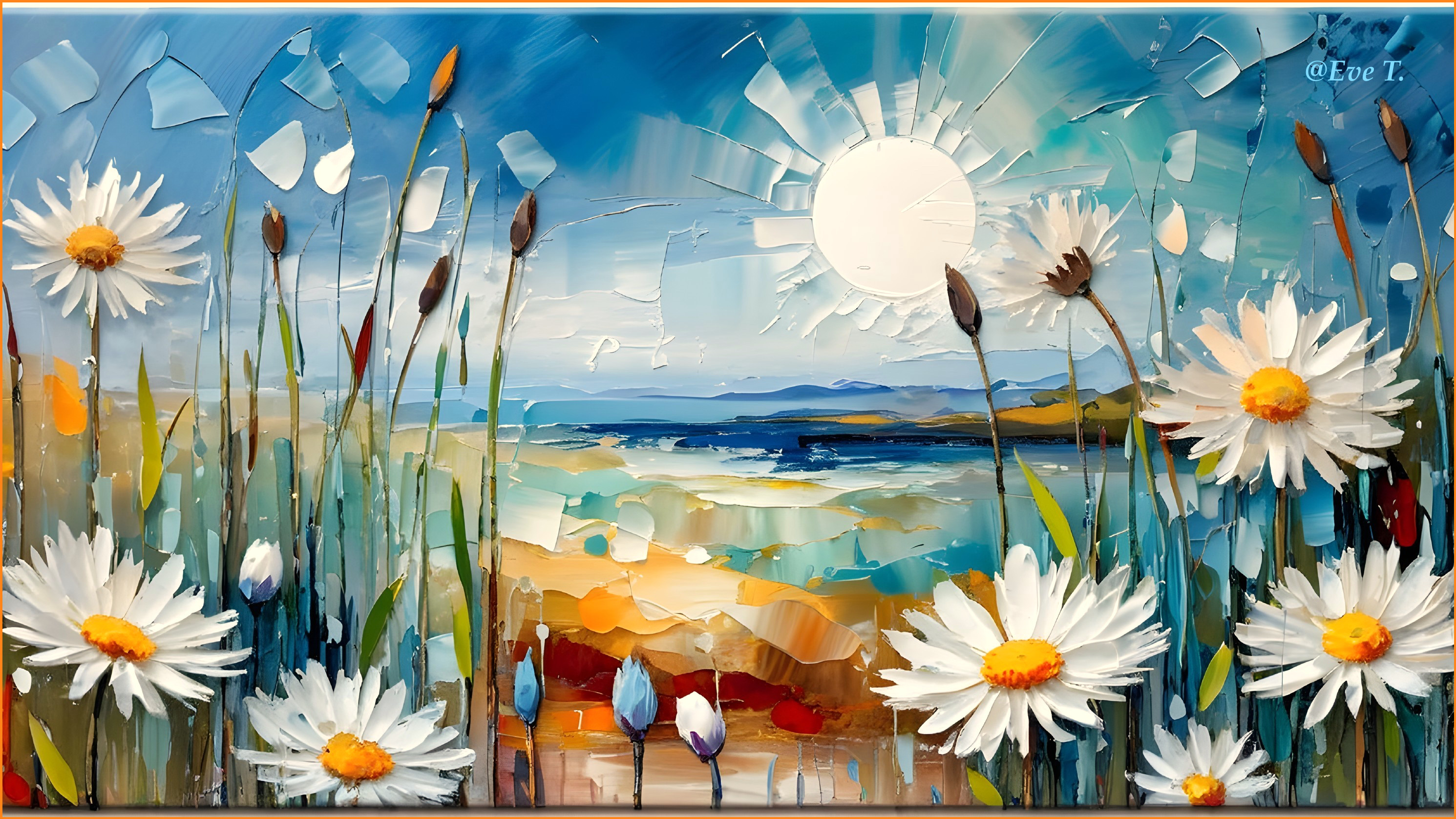 Vibrant Landscape with Sun, Hills, and Colorful Daisies