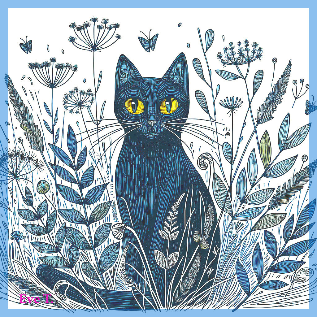 Stylized Illustration of Black Cat Among Plants and Flowers