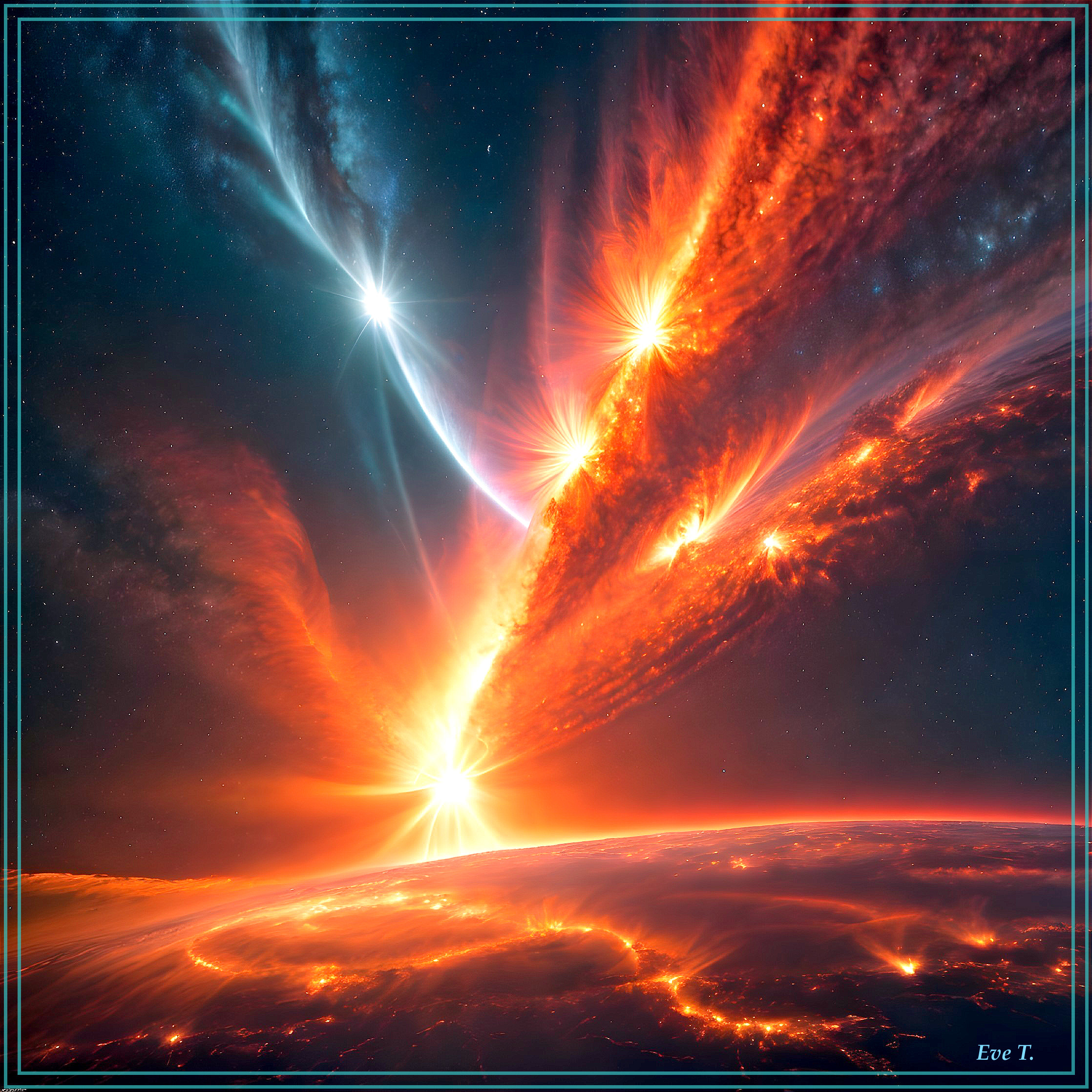 Vibrant Cosmic Scene with Fiery Colors and Light