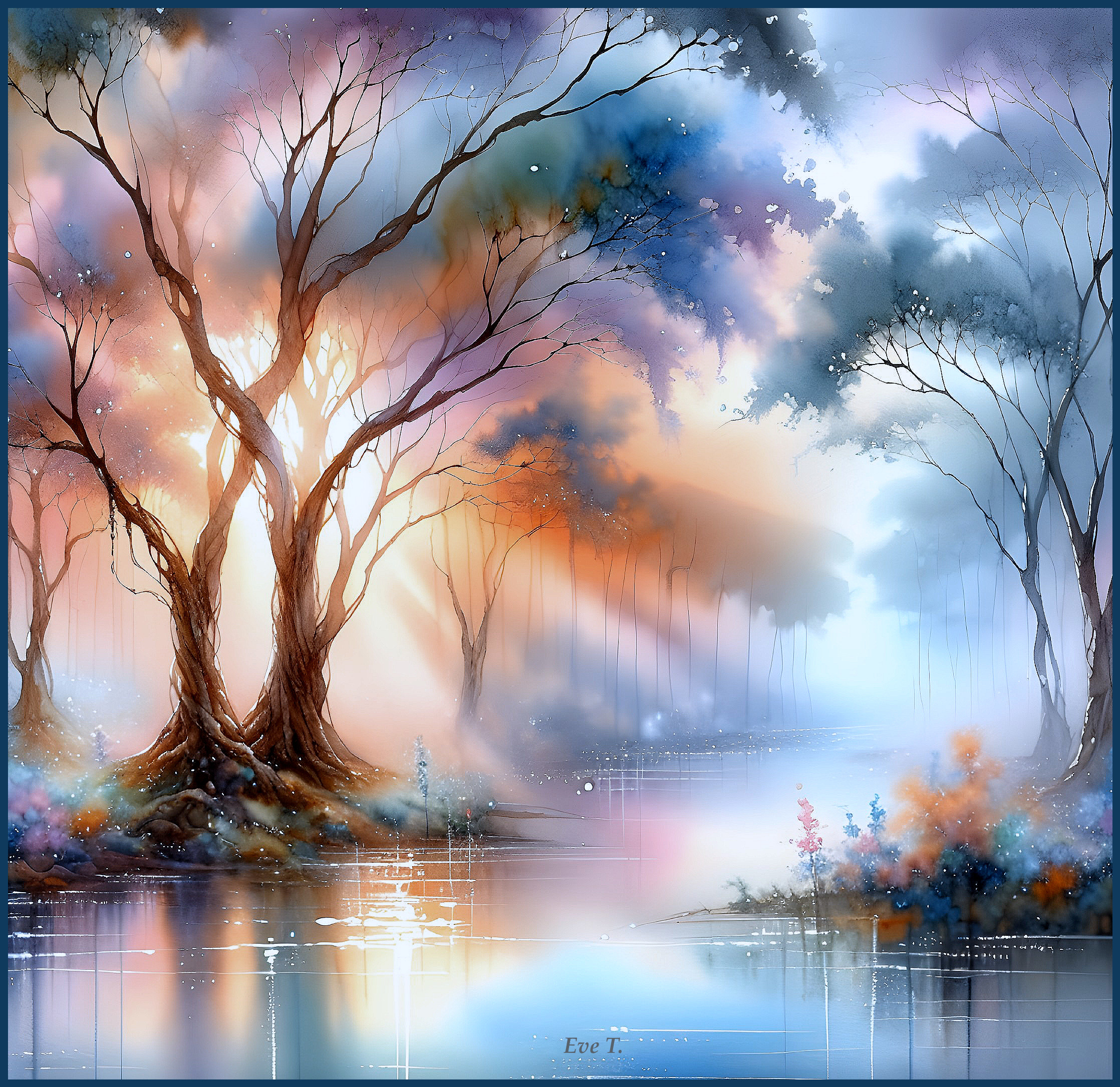 Serene Landscape with Ethereal Trees and Misty Background