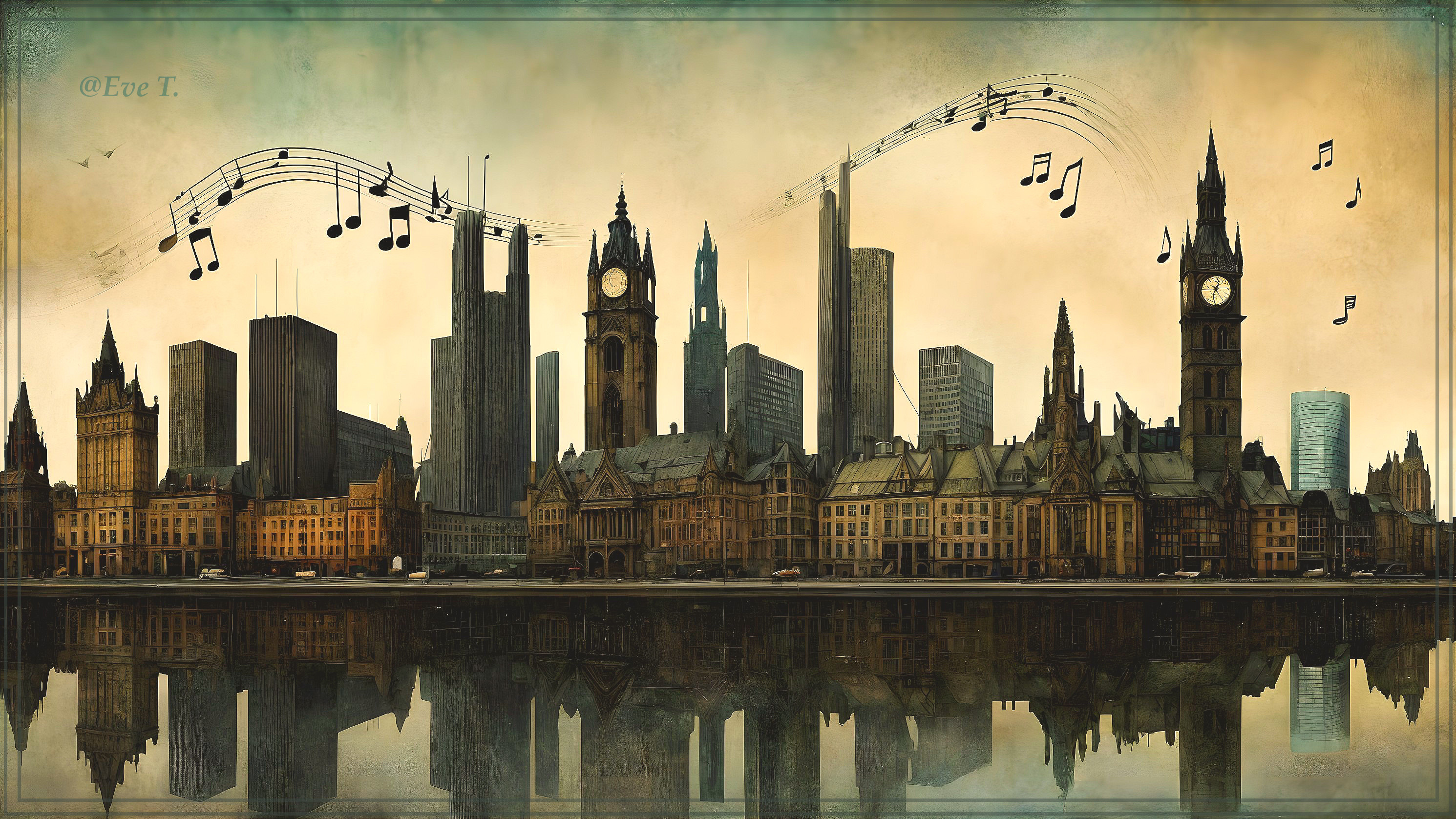 Panoramic cityscape with skyscrapers and historic buildings