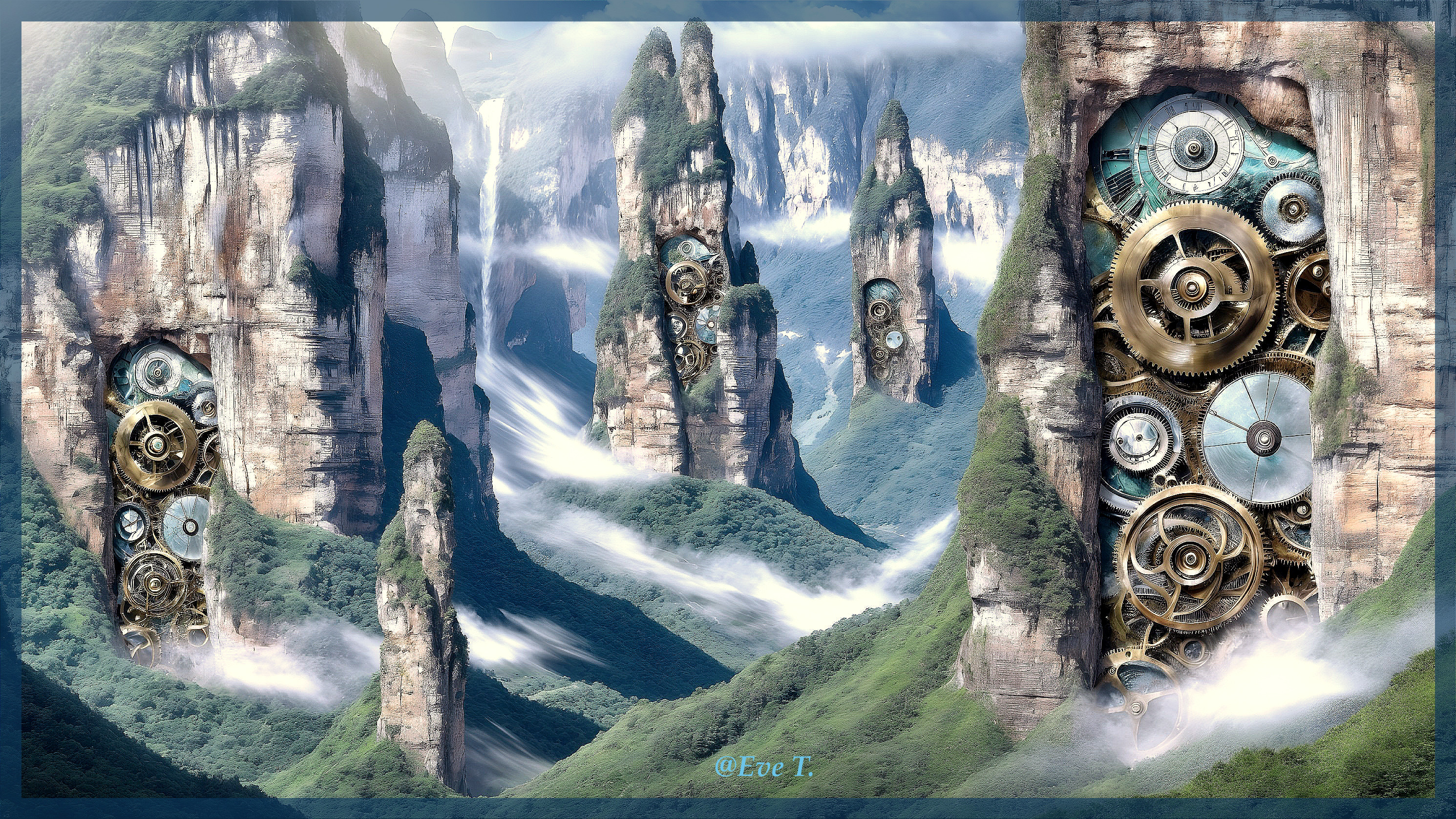 Surreal Landscape with Steampunk Gear Mechanisms