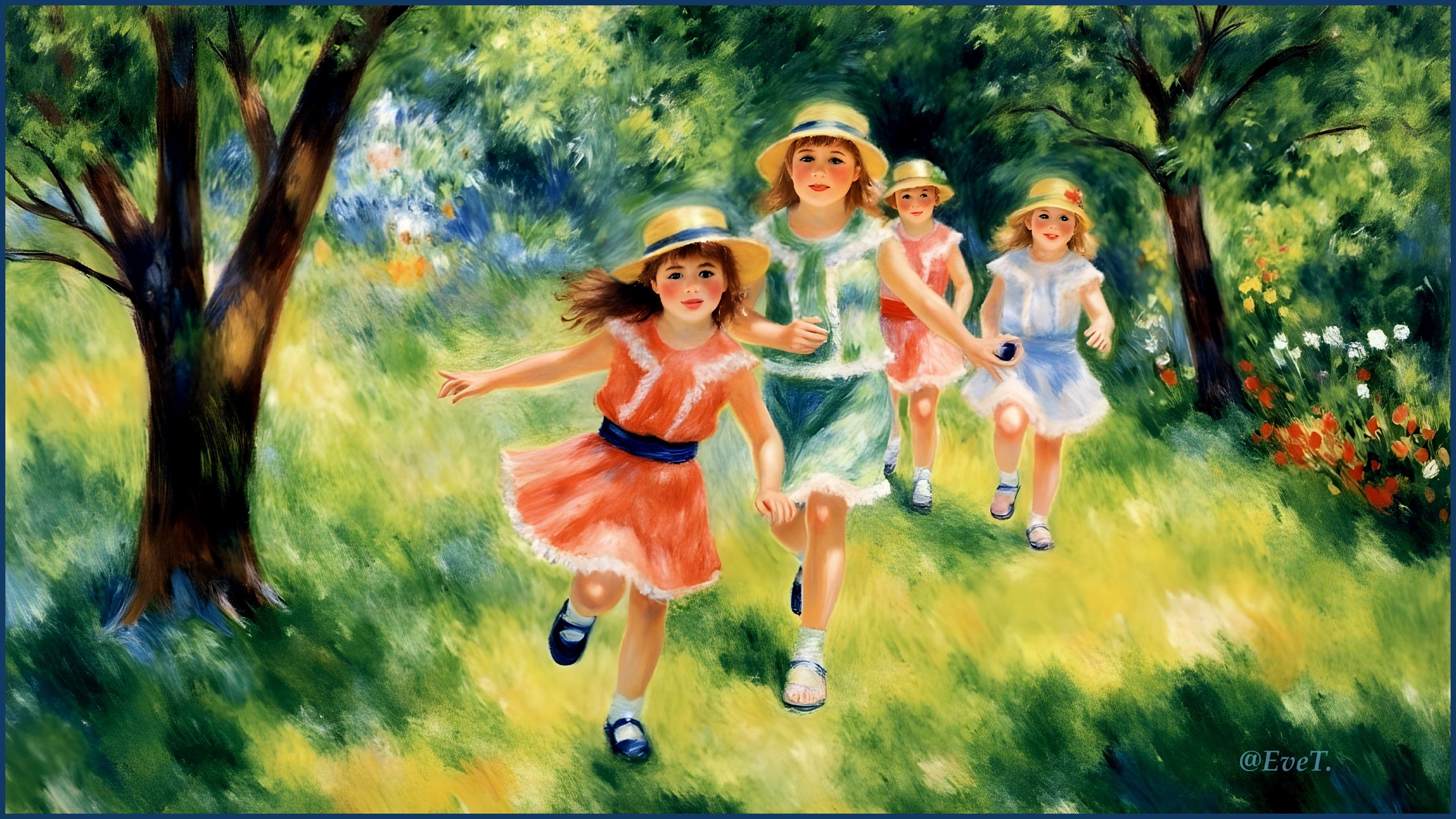 Impressionistic Painting of Girls in Sunlit Meadow