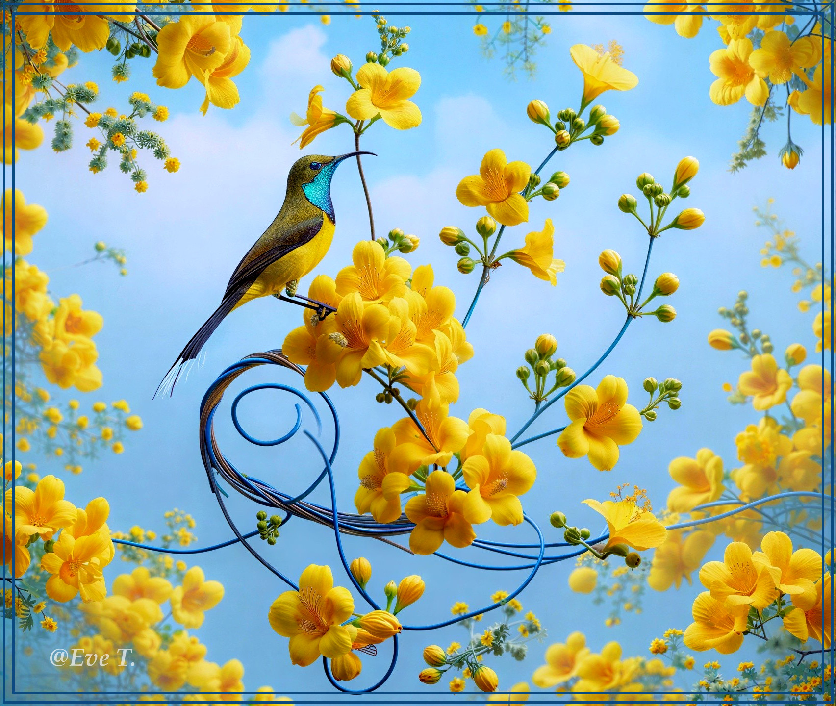 Male Sunbird on Blue Wire with Yellow Flowers and Sky