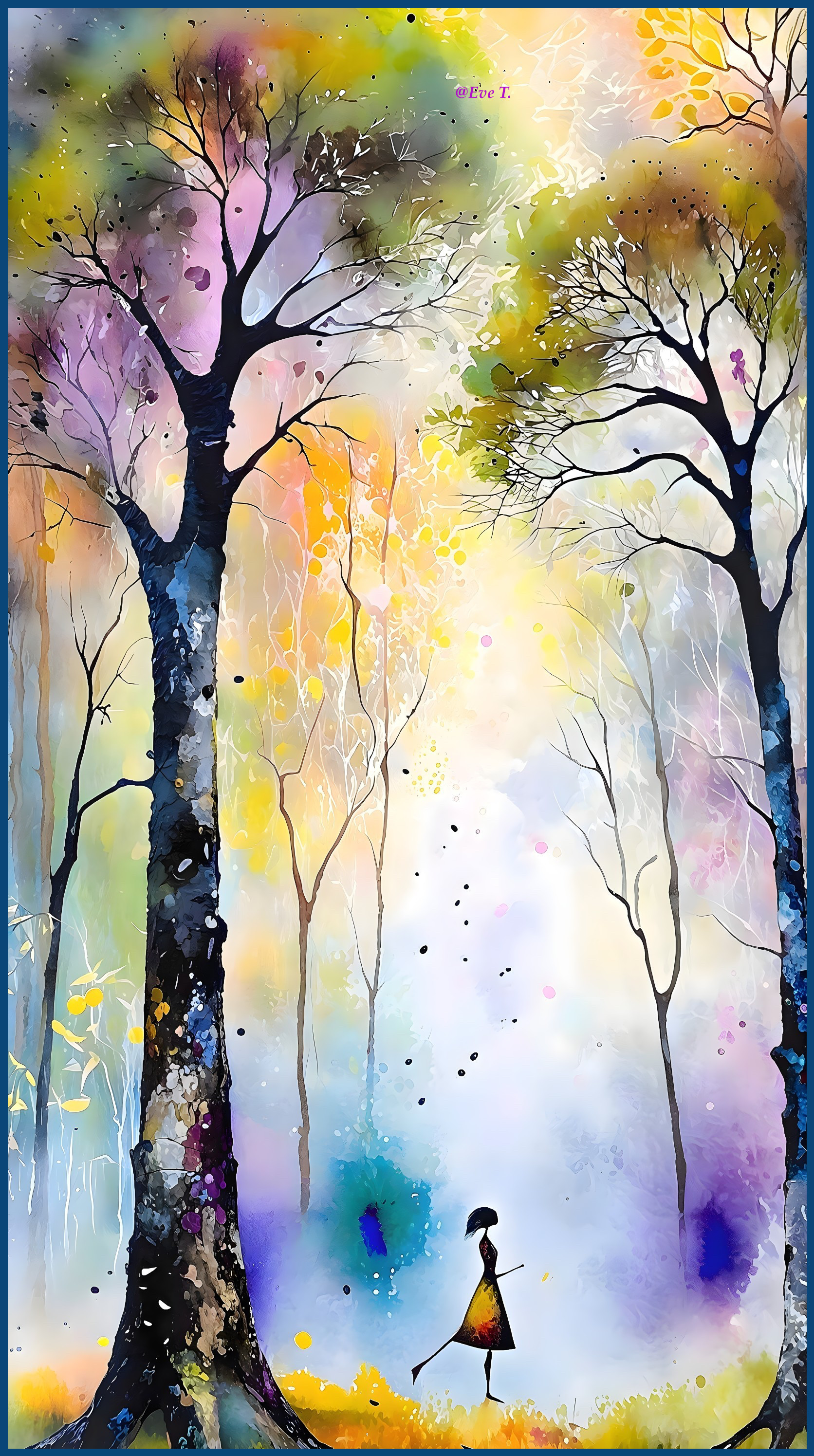 Whimsical Watercolor Forest Scene with Silhouetted Figure
