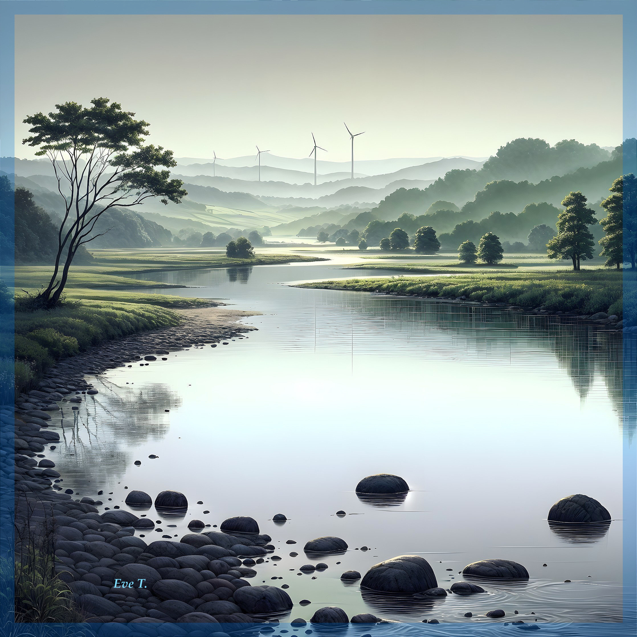 Serene River and Rolling Hills in Tranquil Landscape