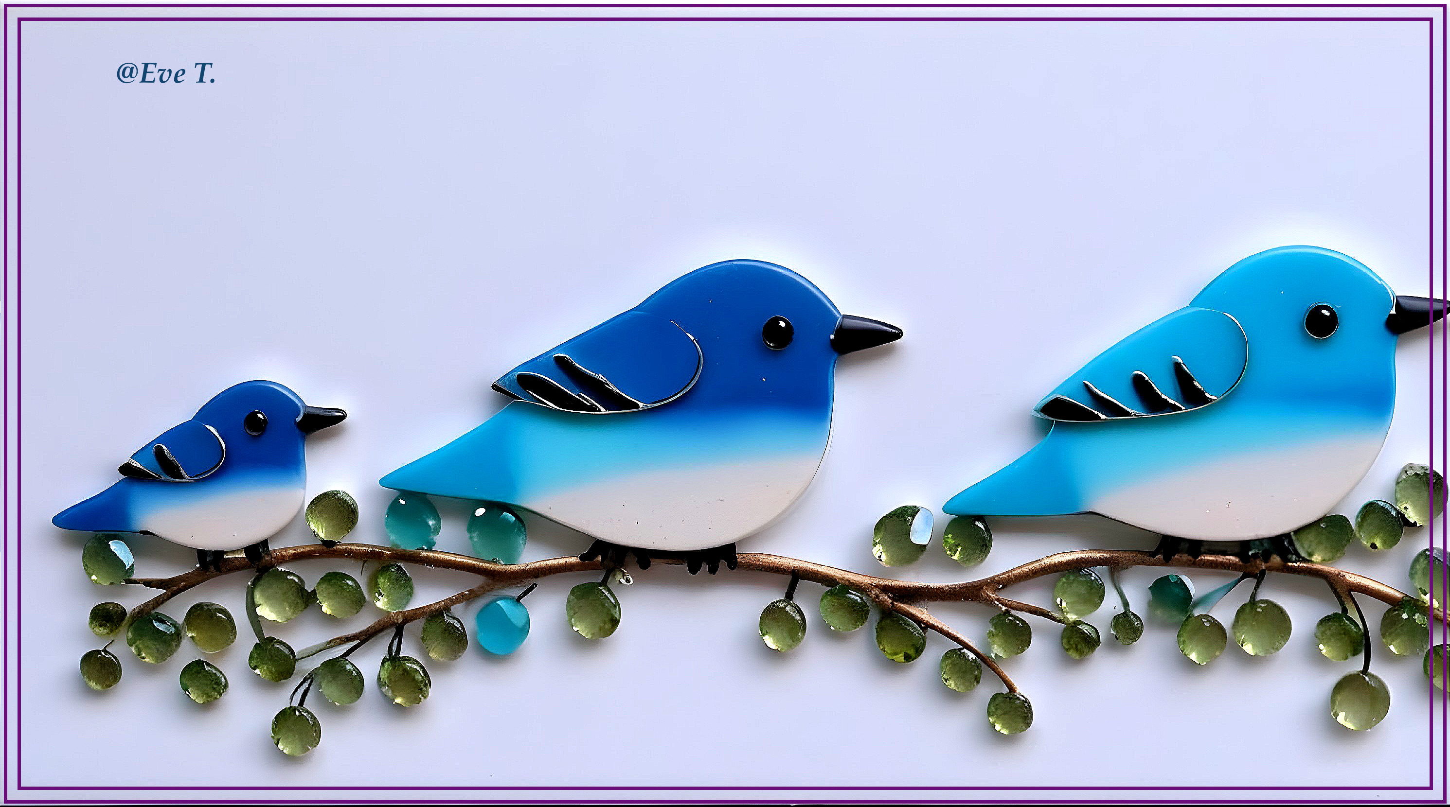Stylized birds on a branch with blue hues and leaves