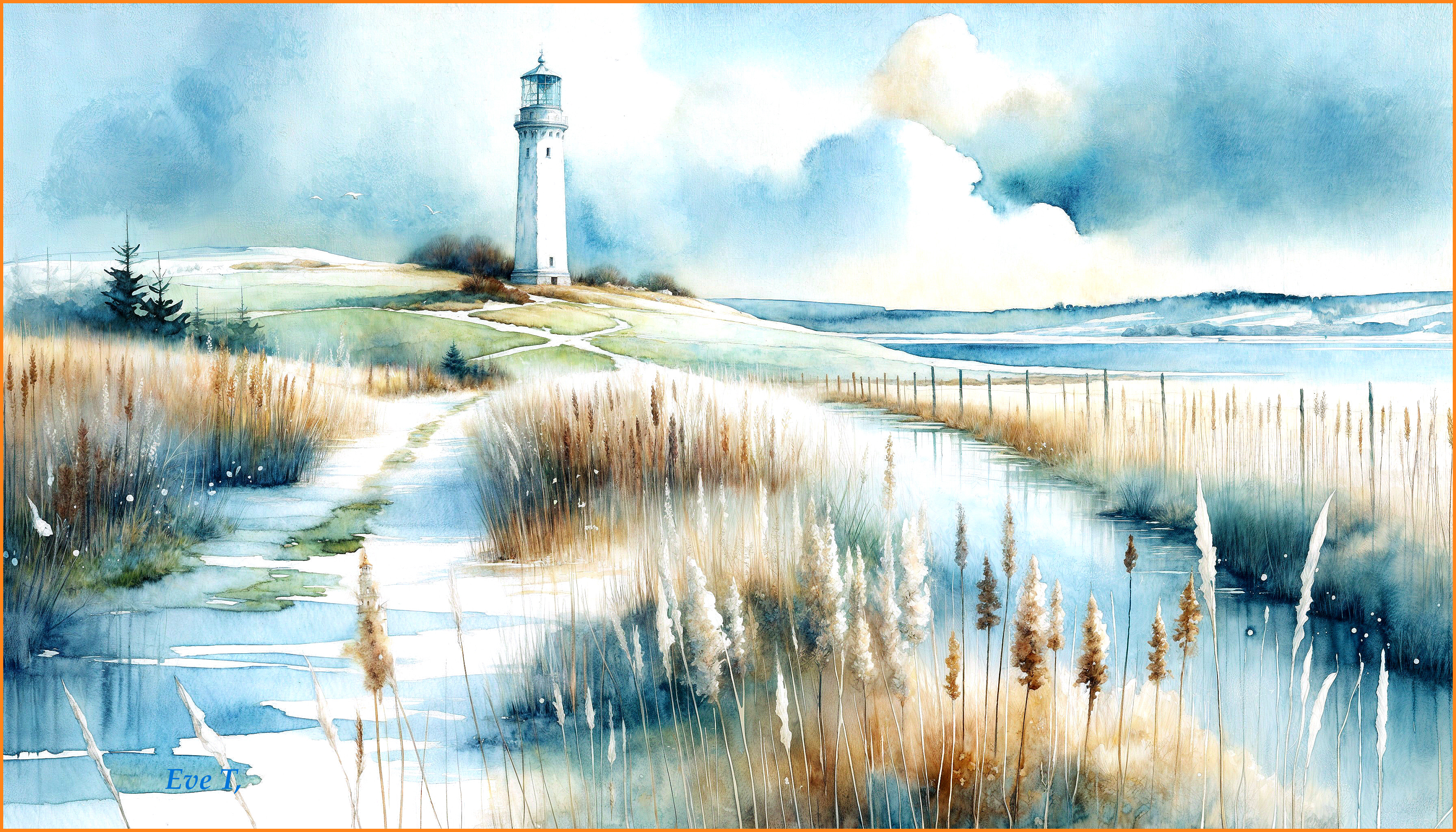 Watercolor Landscape of Lighthouse by Tranquil Sea