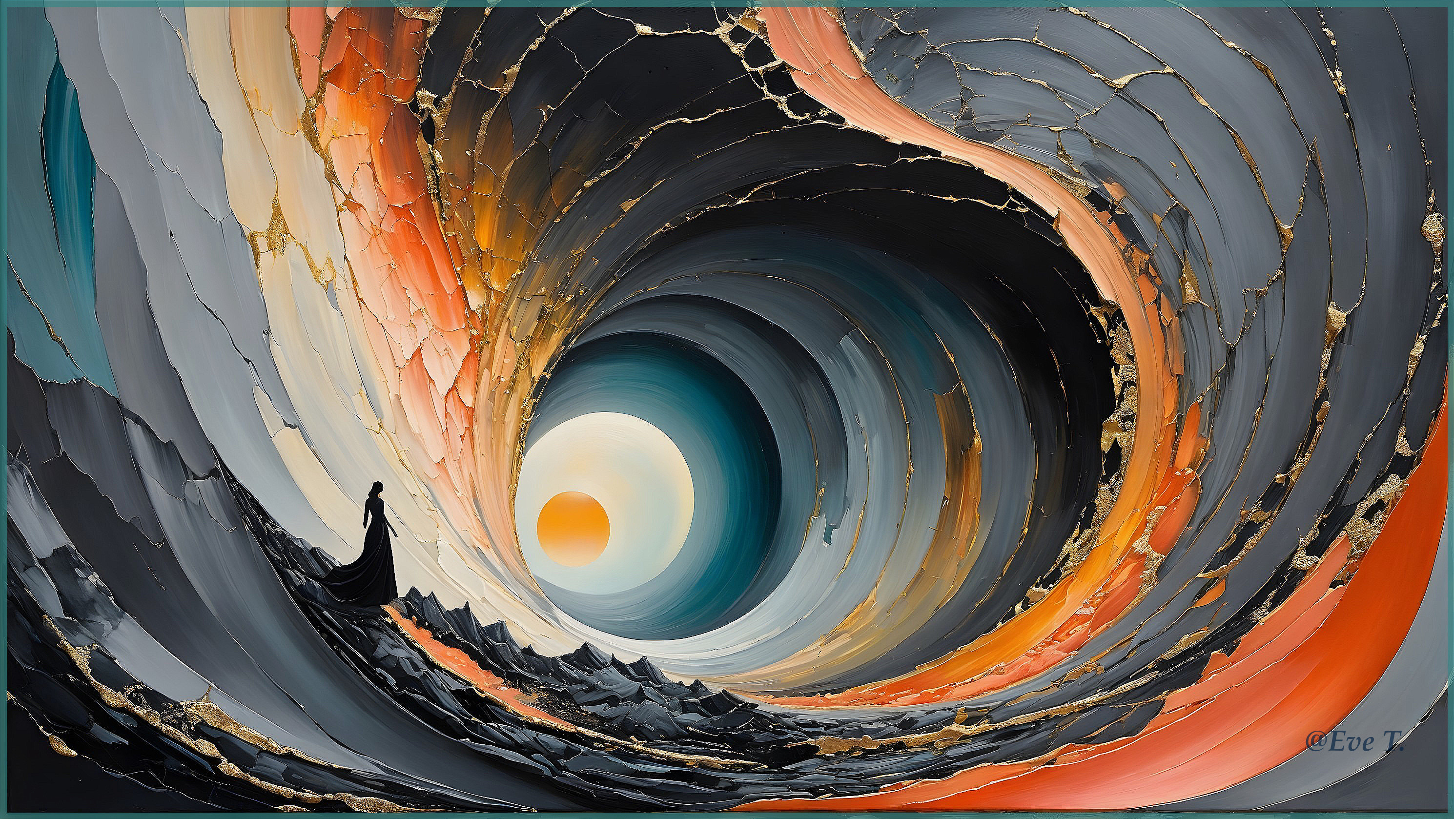 Dramatic Colorful Painting of Figure by Vortex and Sun