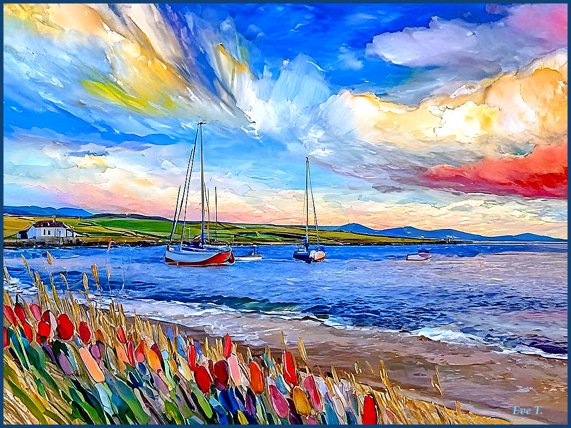 Vibrant Seaside Scene with Sailboats and Hills