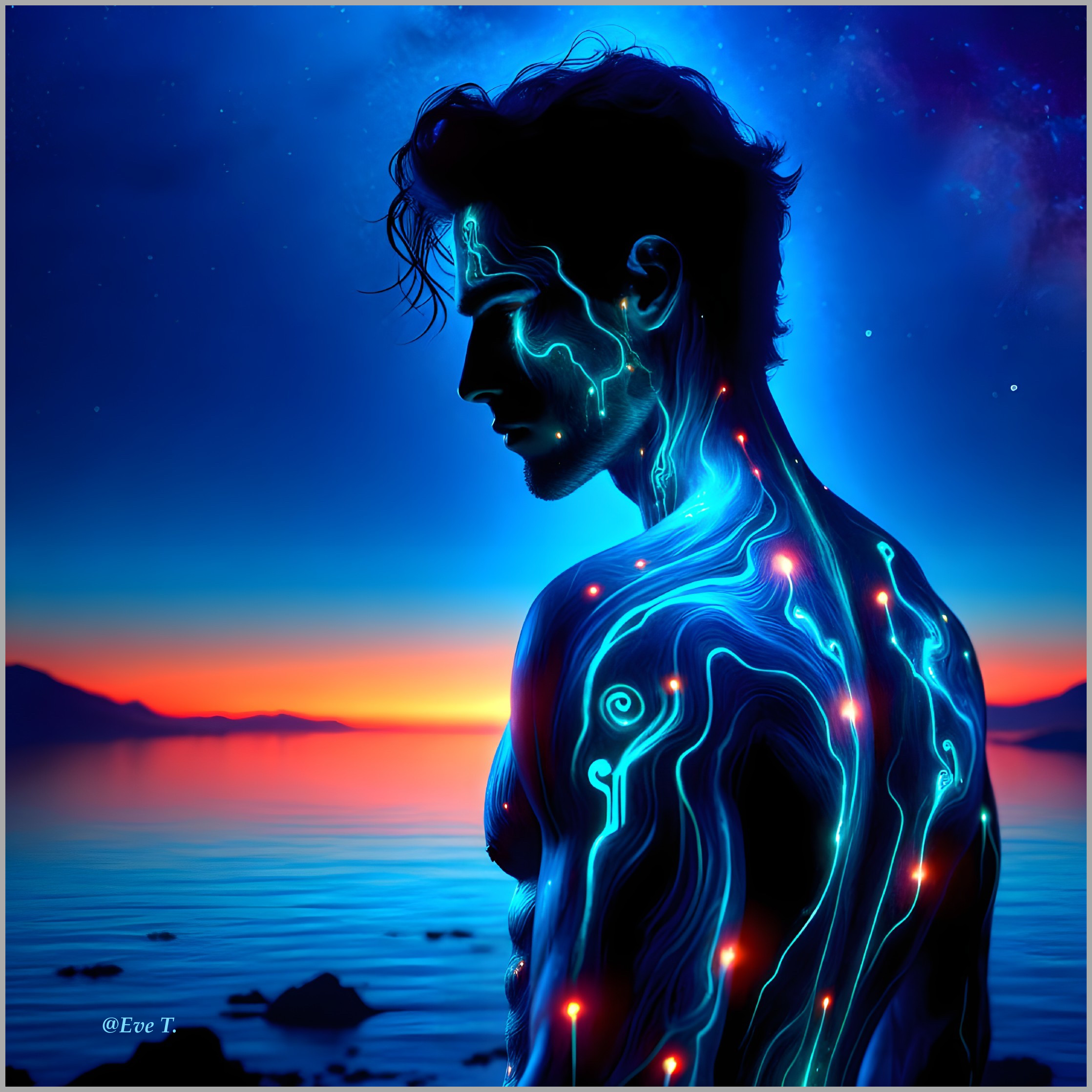 Silhouette of a man with luminous blue patterns at sunset