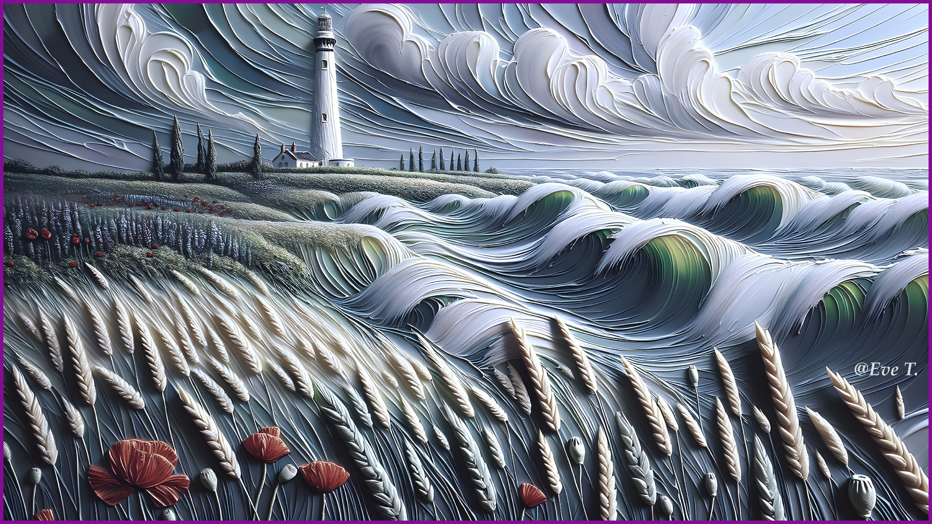 Coastal Landscape with Lighthouse and Poppy Flowers