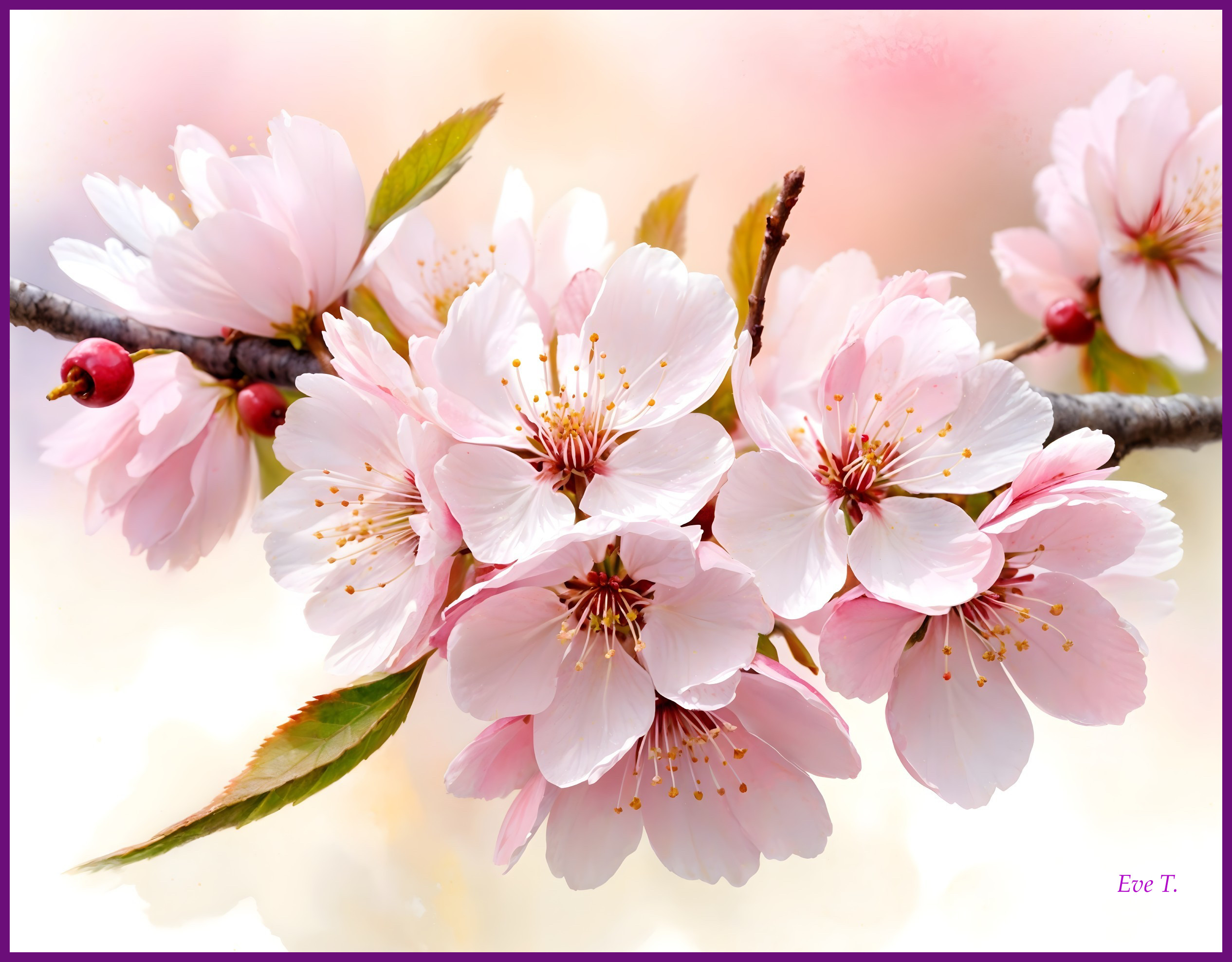 Cherry Blossoms on Branch with Green Leaves