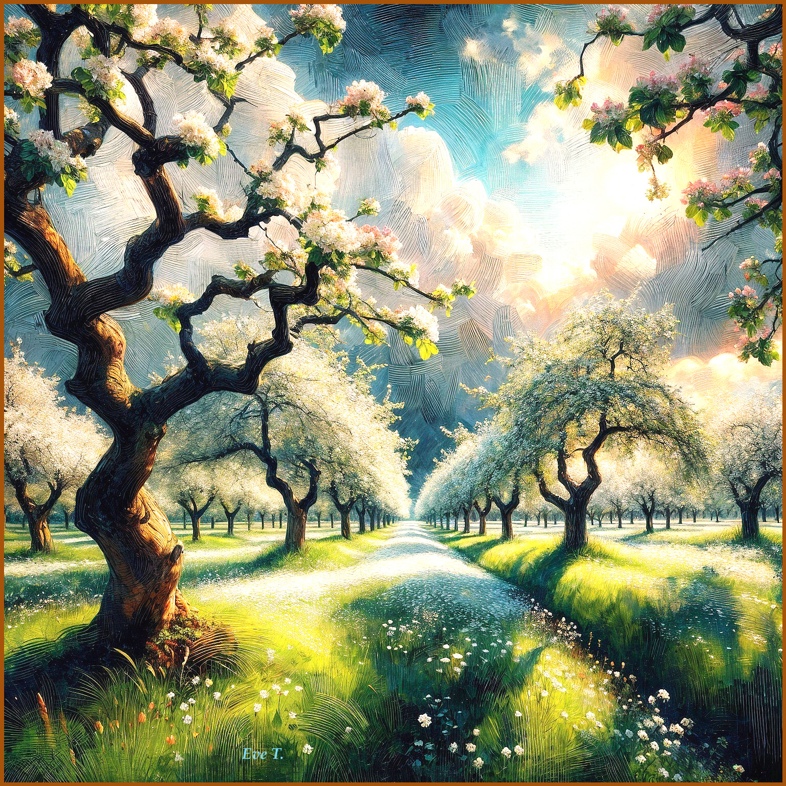 Blossoming Apple Trees in a Serene Landscape