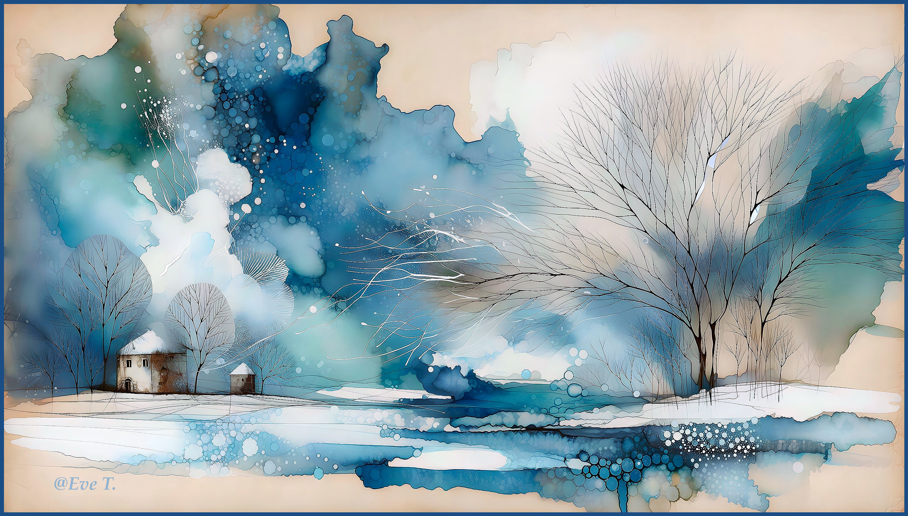 Panoramic Watercolor of Serene Winter Landscape