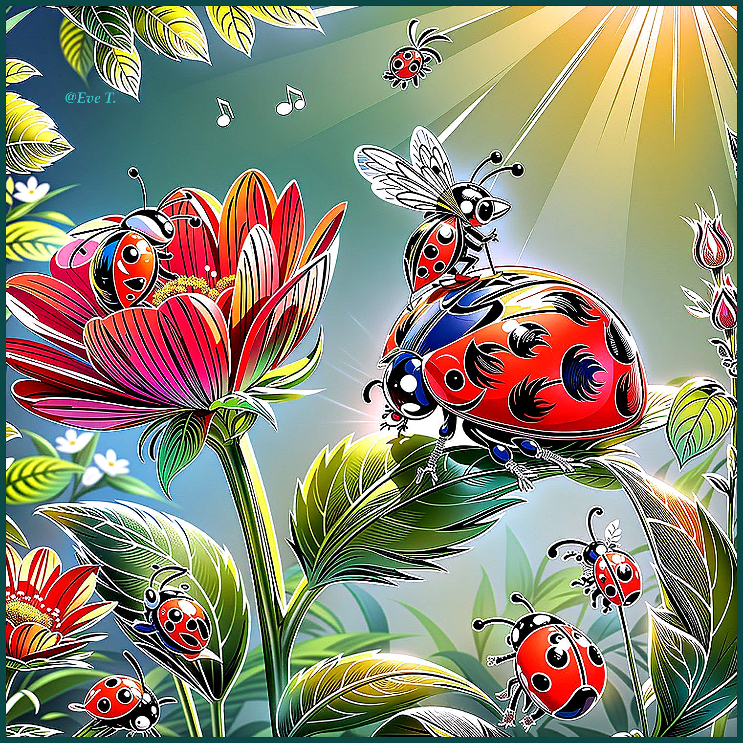 Whimsical Garden Scene with Colorful Flowers and Insects