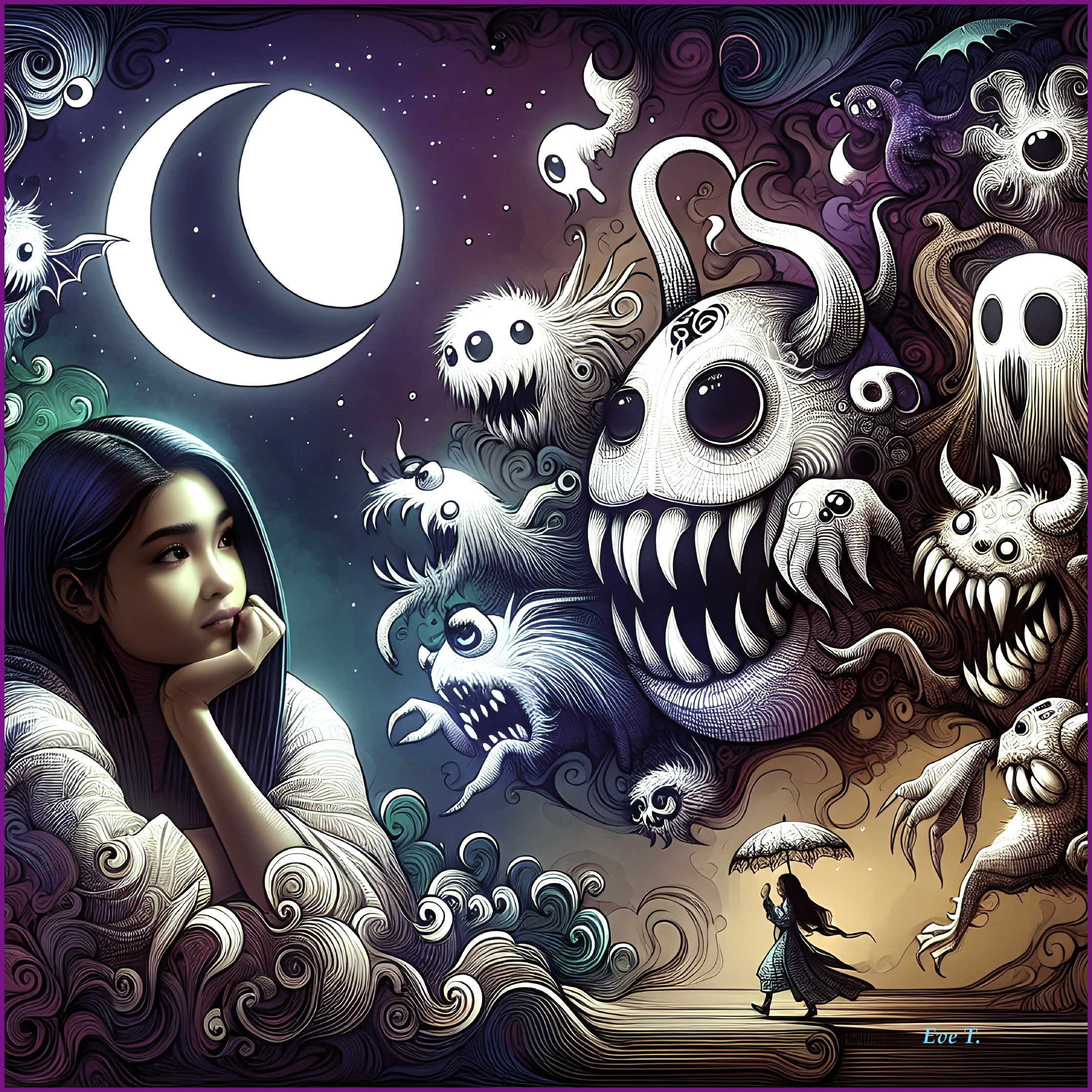 Young girl in a mystical night sky with ghostly figures