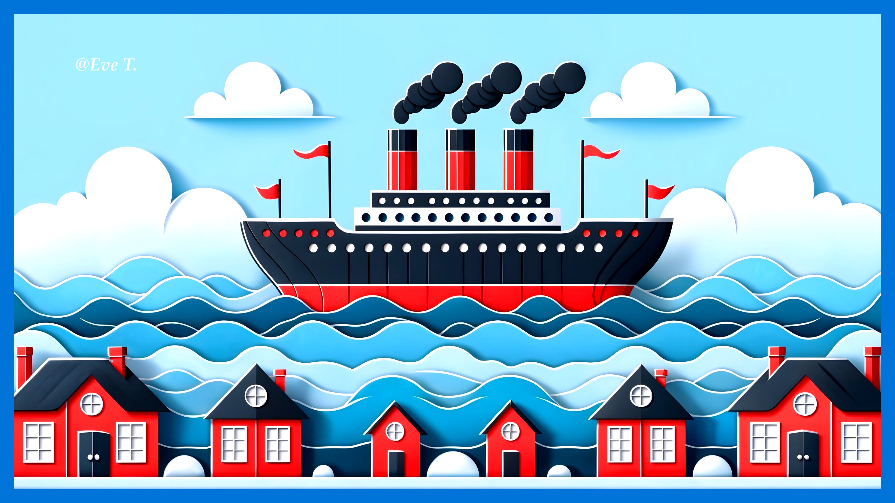 Colorful Illustration of Ship and Whimsical Landscape