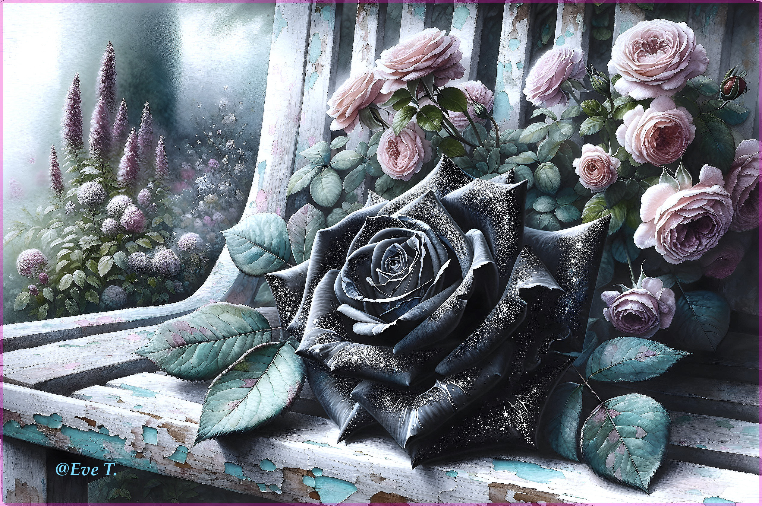 Serene garden with black rose on wooden bench
