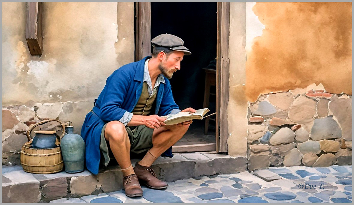 Man Reading on Stone Steps of Rustic Building