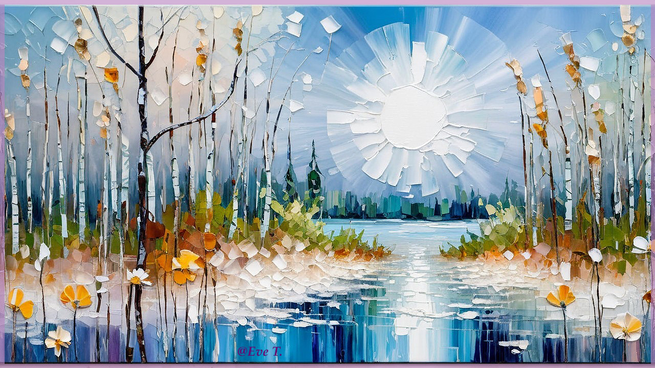 Serene landscape with lake, trees, and vibrant colors