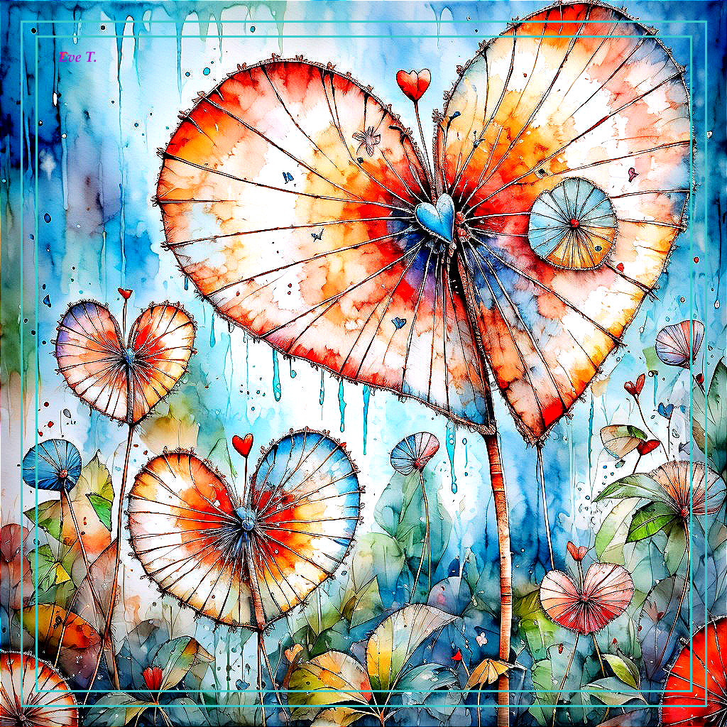 Vibrant Watercolor of Heart-Shaped Flowers and Butterflies