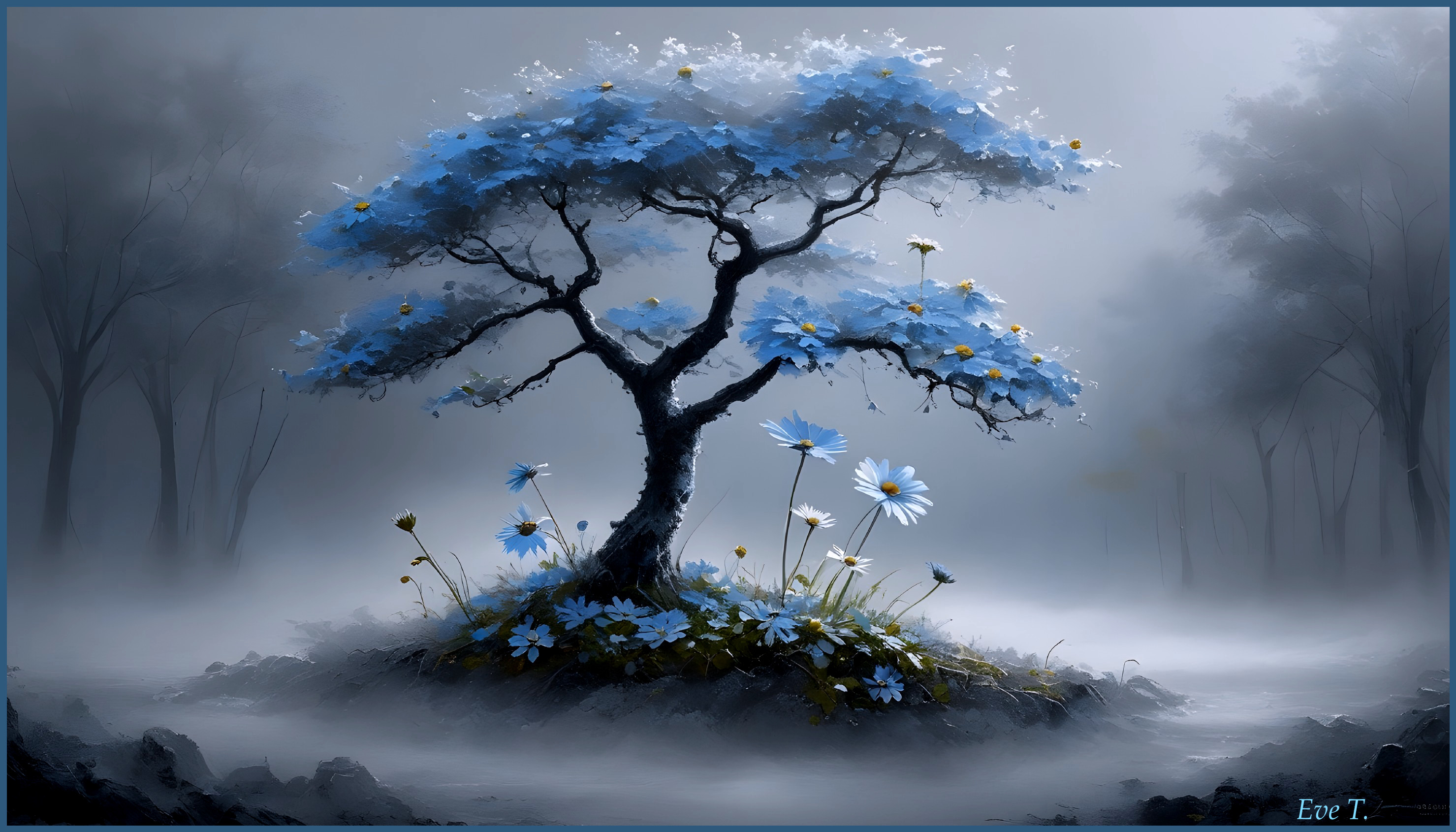Serene Landscape with Blue Tree and White Daisies