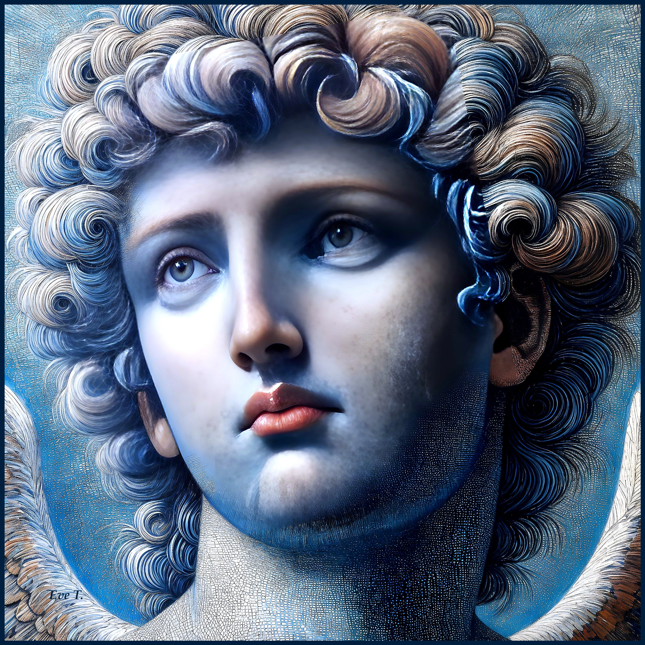 Close-up of a serene divine figure in blue tones