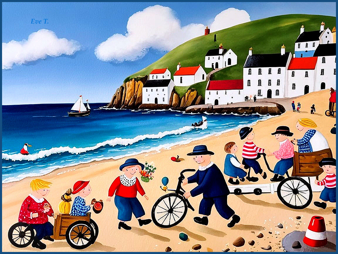 Colorful Seaside Scene with Families Enjoying the Beach