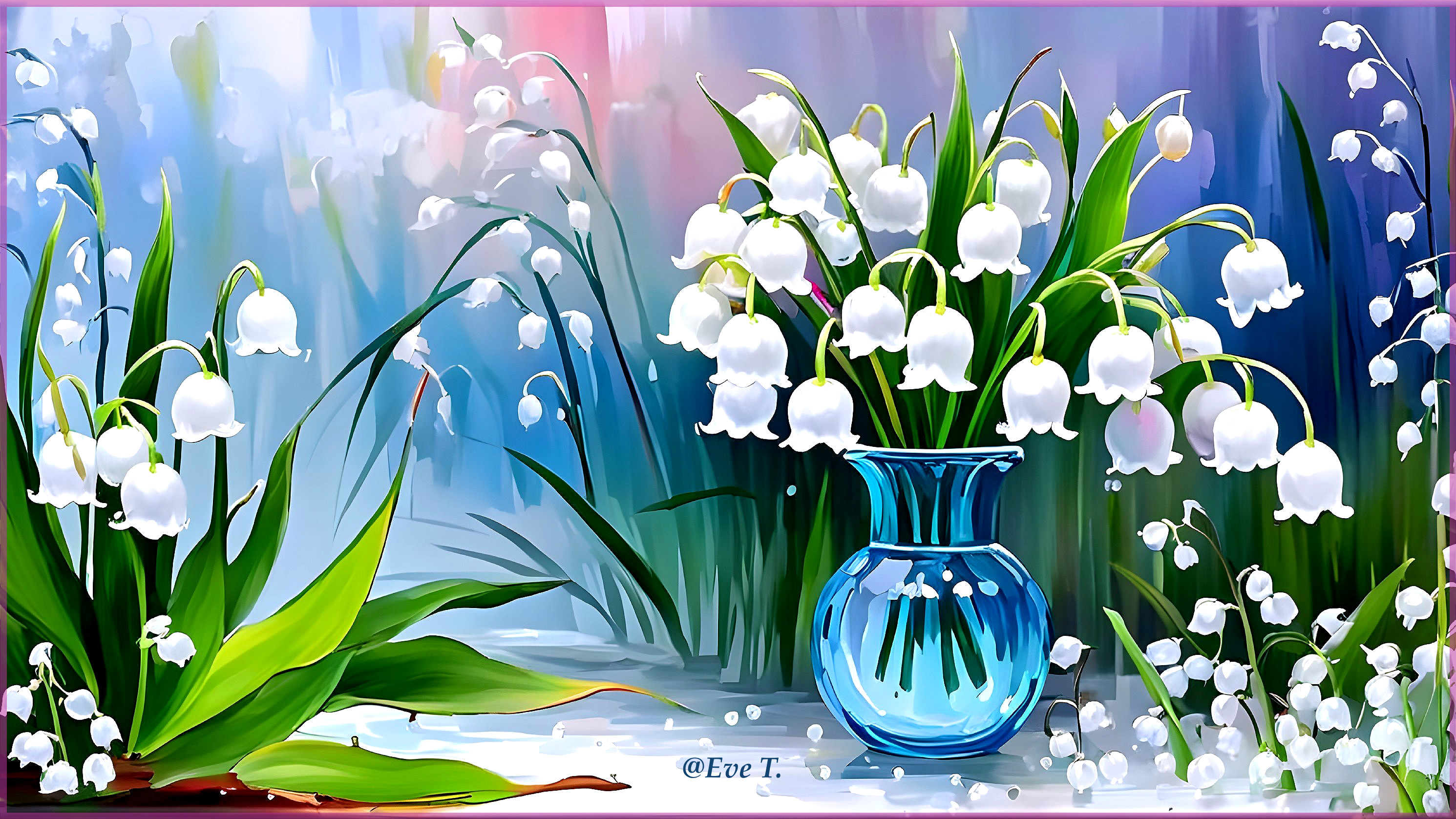 White Lilies of the Valley in Blue Vase with Soft Hues