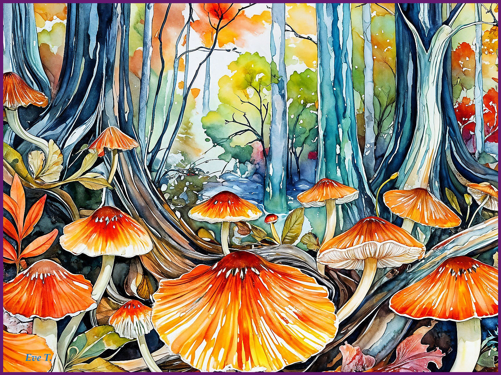 Colorful Forest Scene with Orange Ruffled Mushrooms