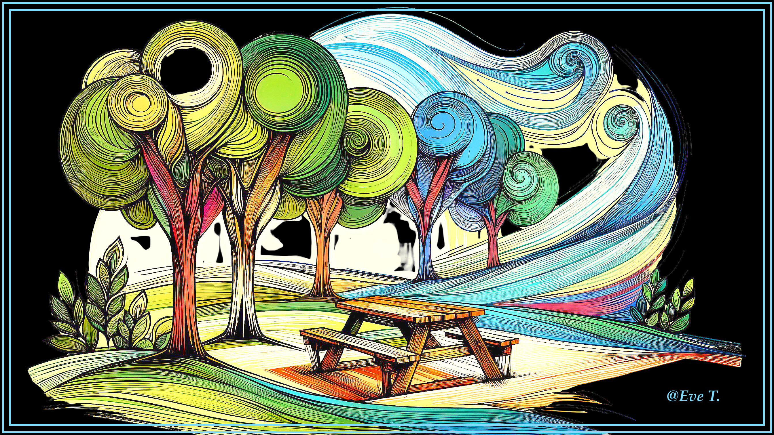 Vibrant Artistic Scene with Swirling Colors and Trees