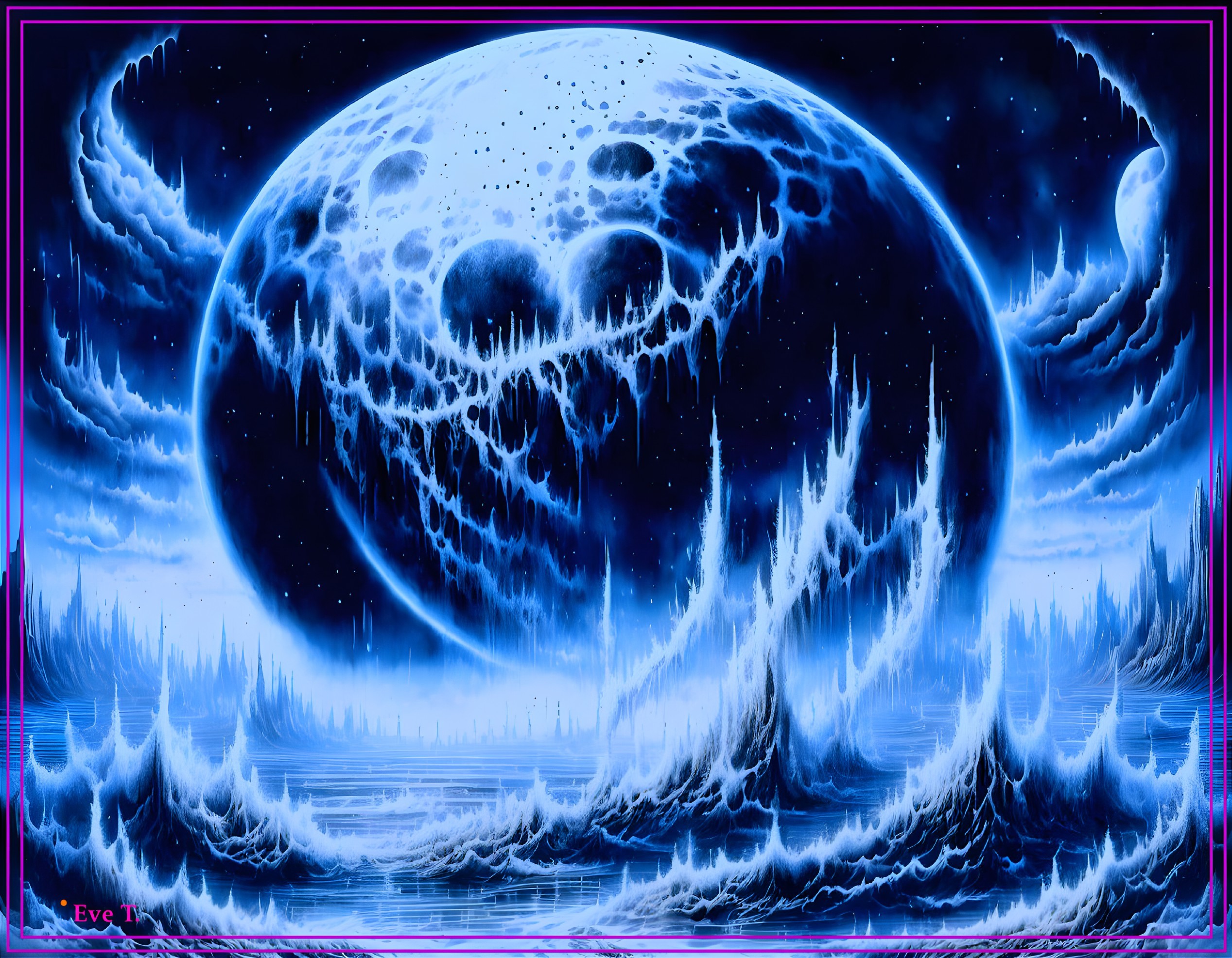 Surreal Landscape with Massive Moon and Icy Formations