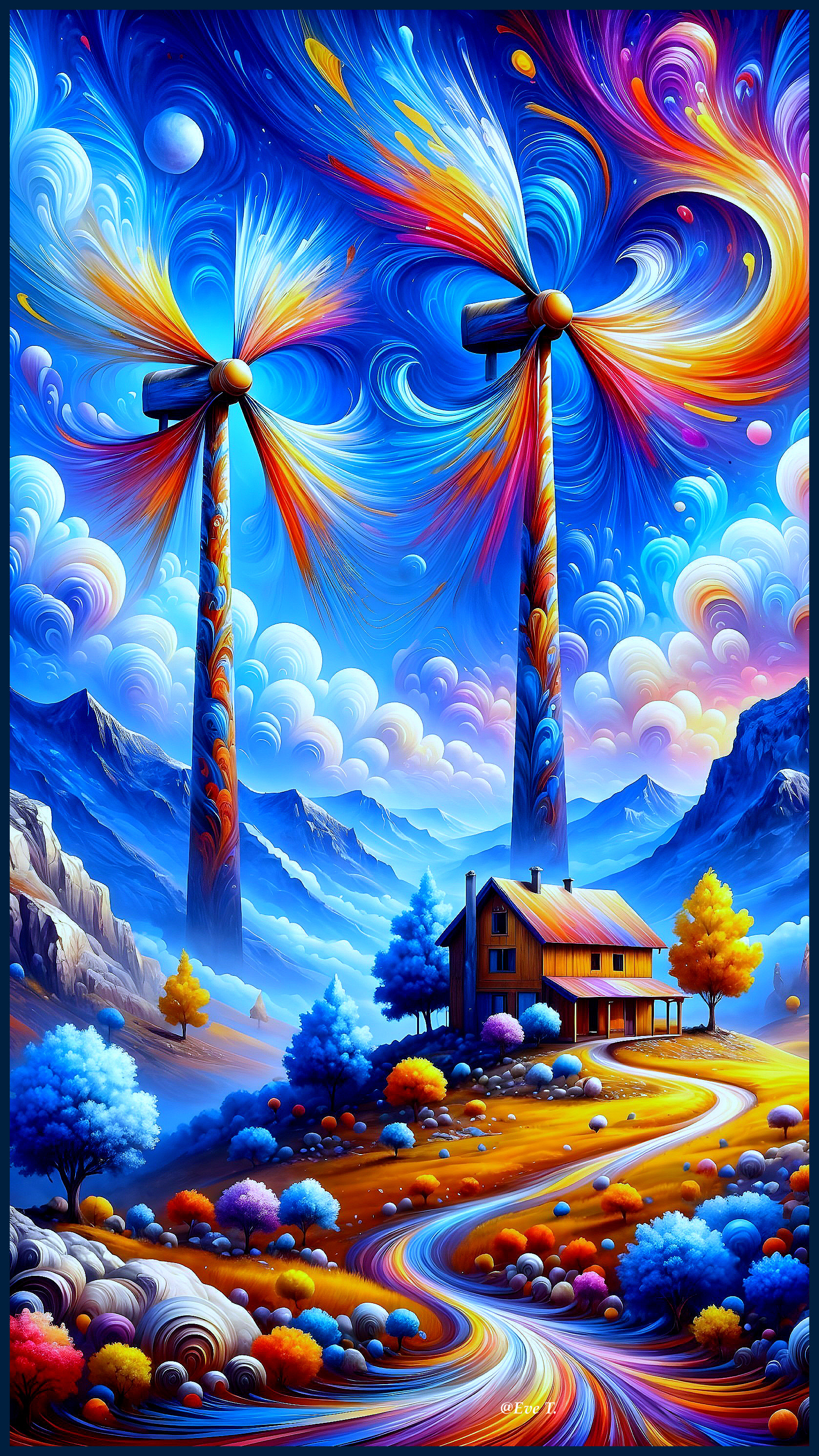 Surreal Landscape with Colorful Wind Turbines and Trees