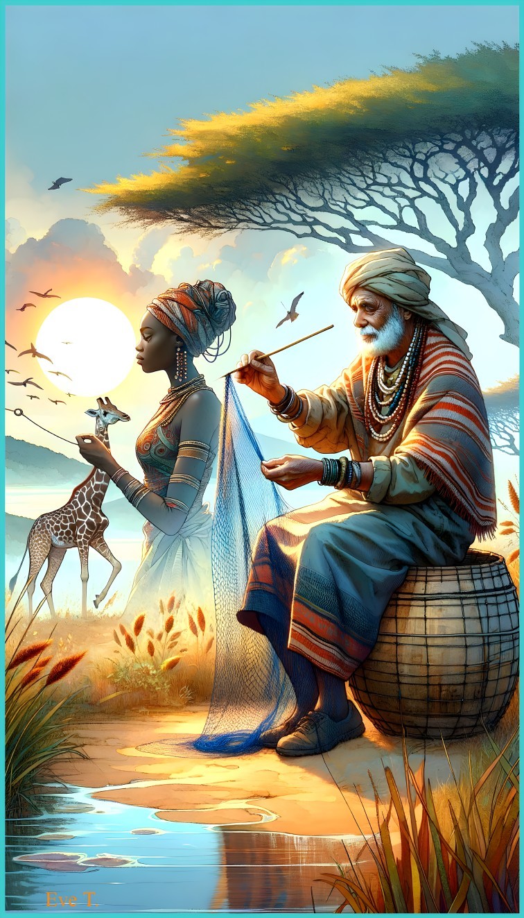 Elder Man Mending Net at Sunset with Woman and Giraffe