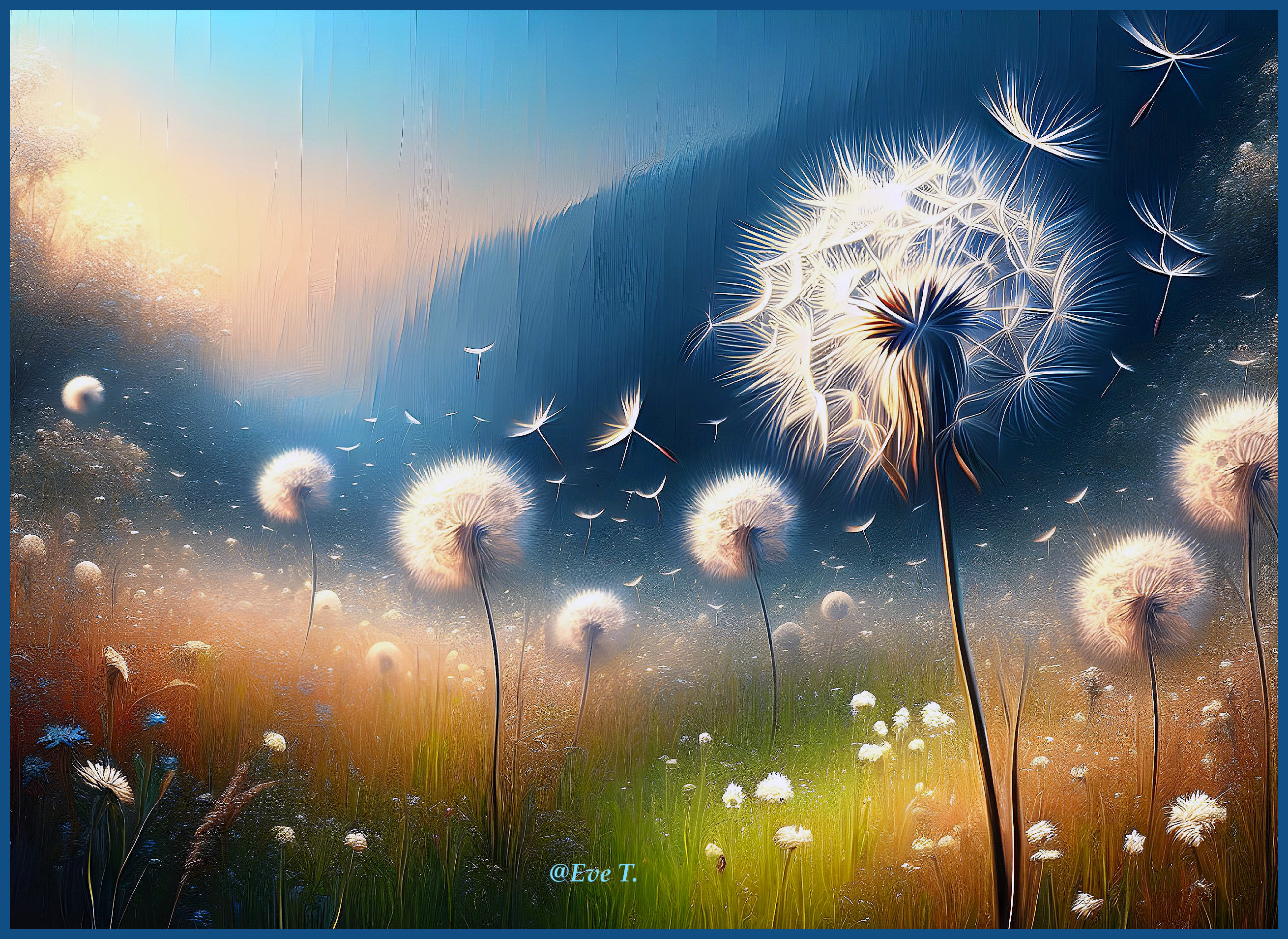 Serene Landscape with Dandelions and Ethereal Light