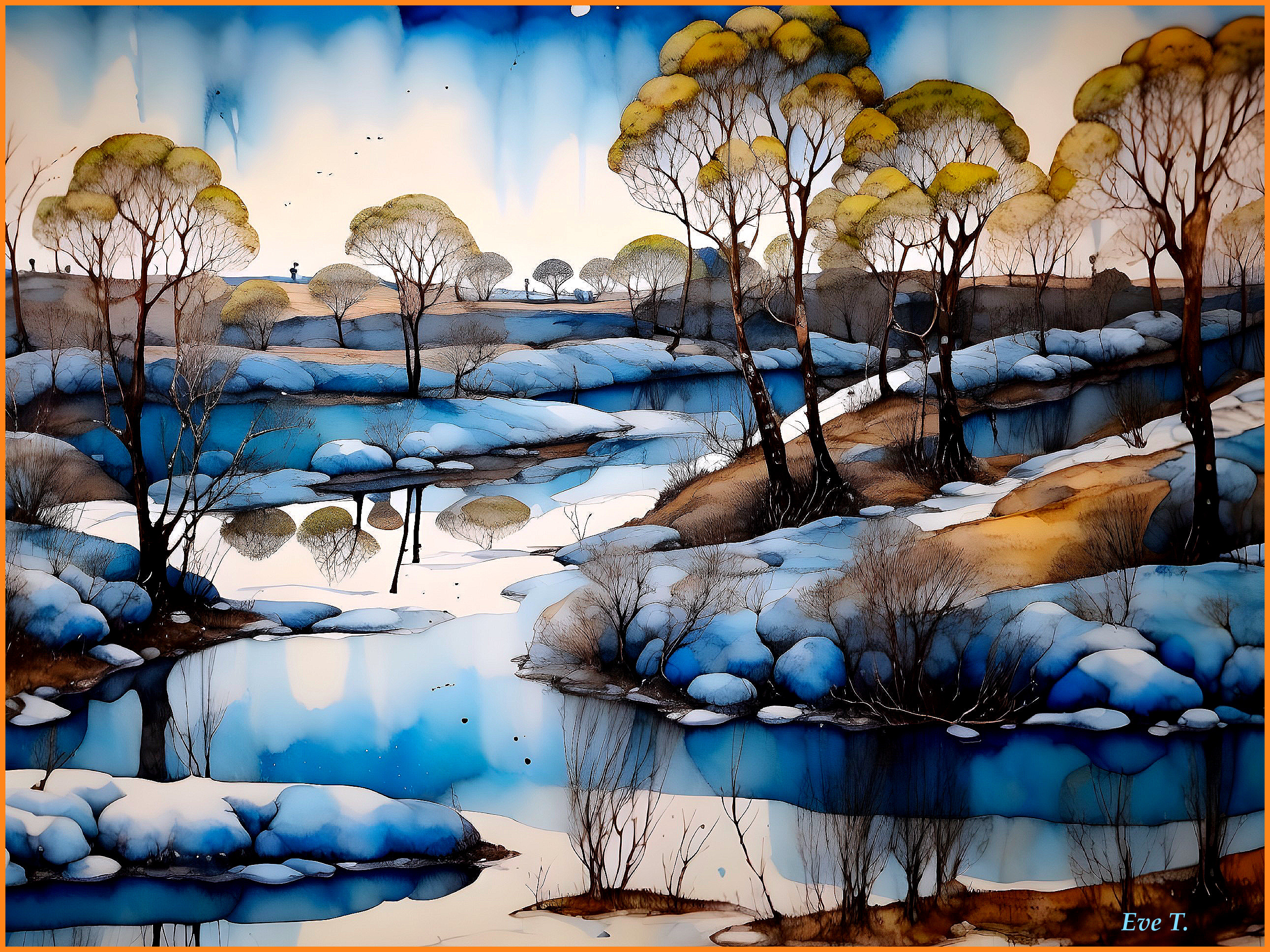 Serene River in Snowy Landscape with Reflective Trees