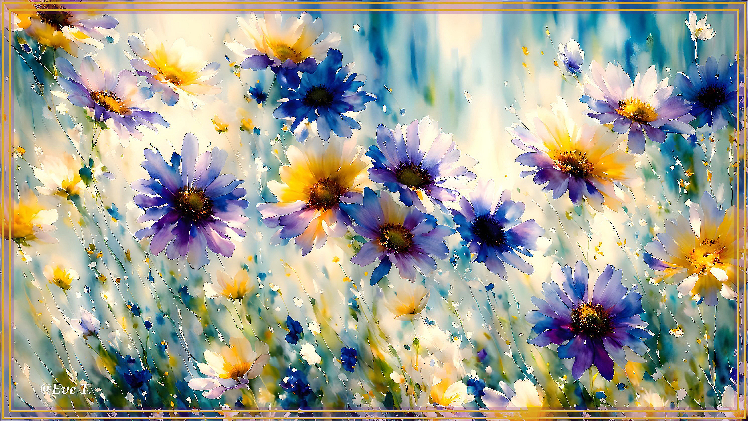 Vibrant Field of Purple and Golden Flowers in Watercolor