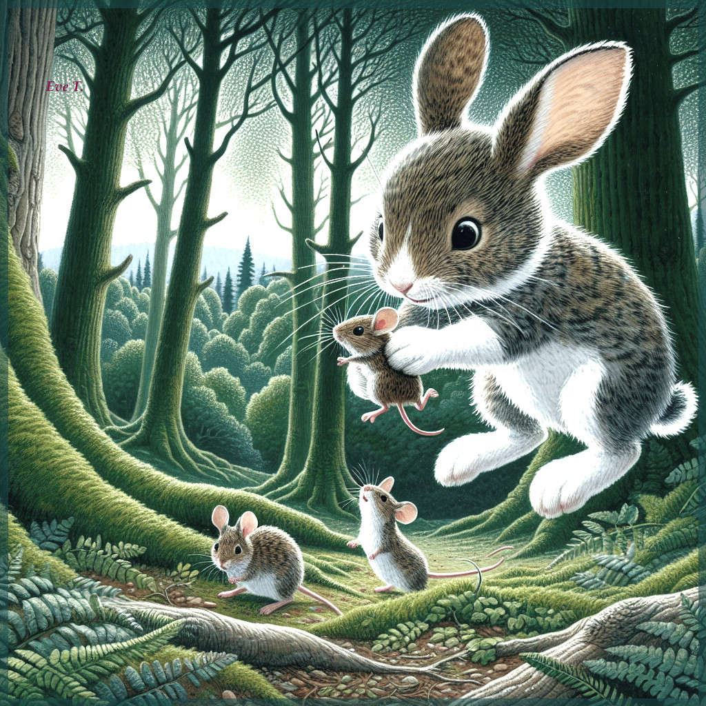 Fluffy Rabbit Leaping with Mouse in Enchanted Forest
