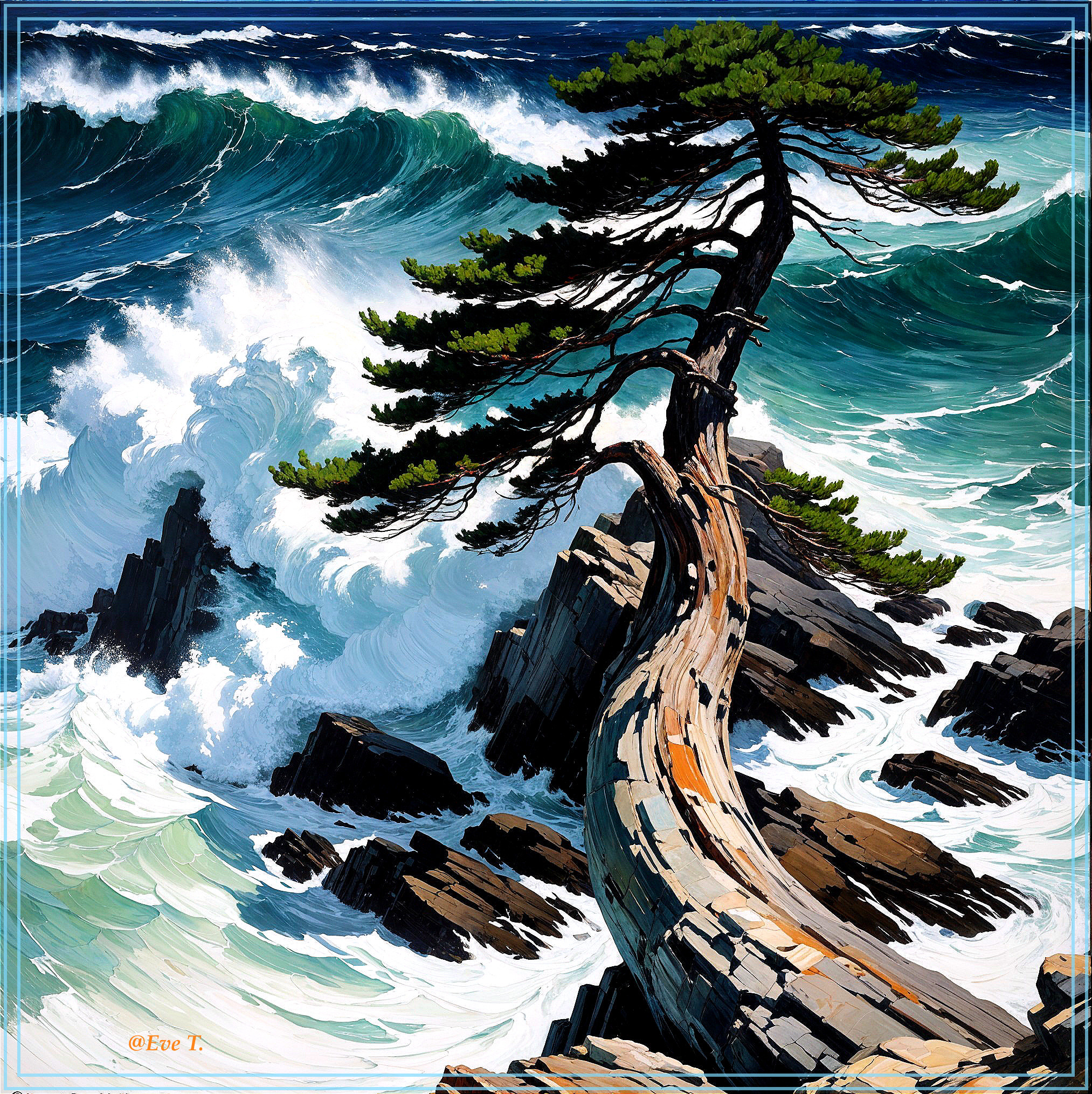 Gnarled Tree on Rocky Shore with Crashing Waves