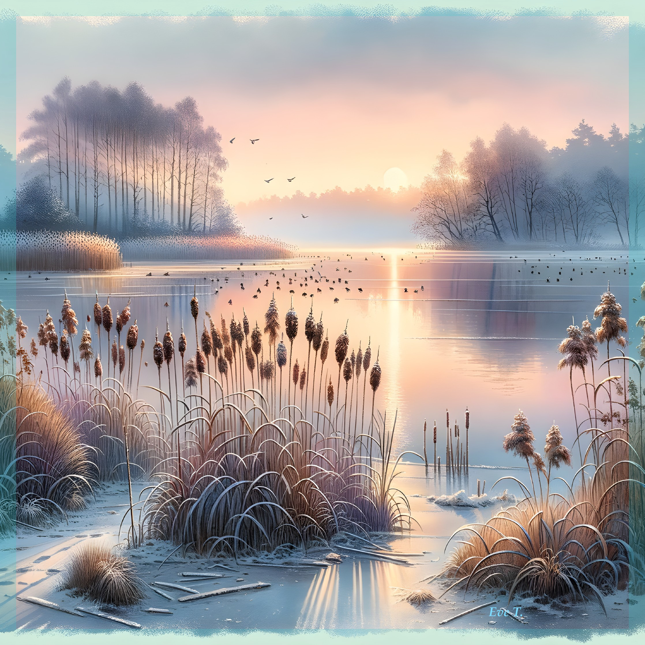 Tranquil Dawn Landscape with Reflective Lake