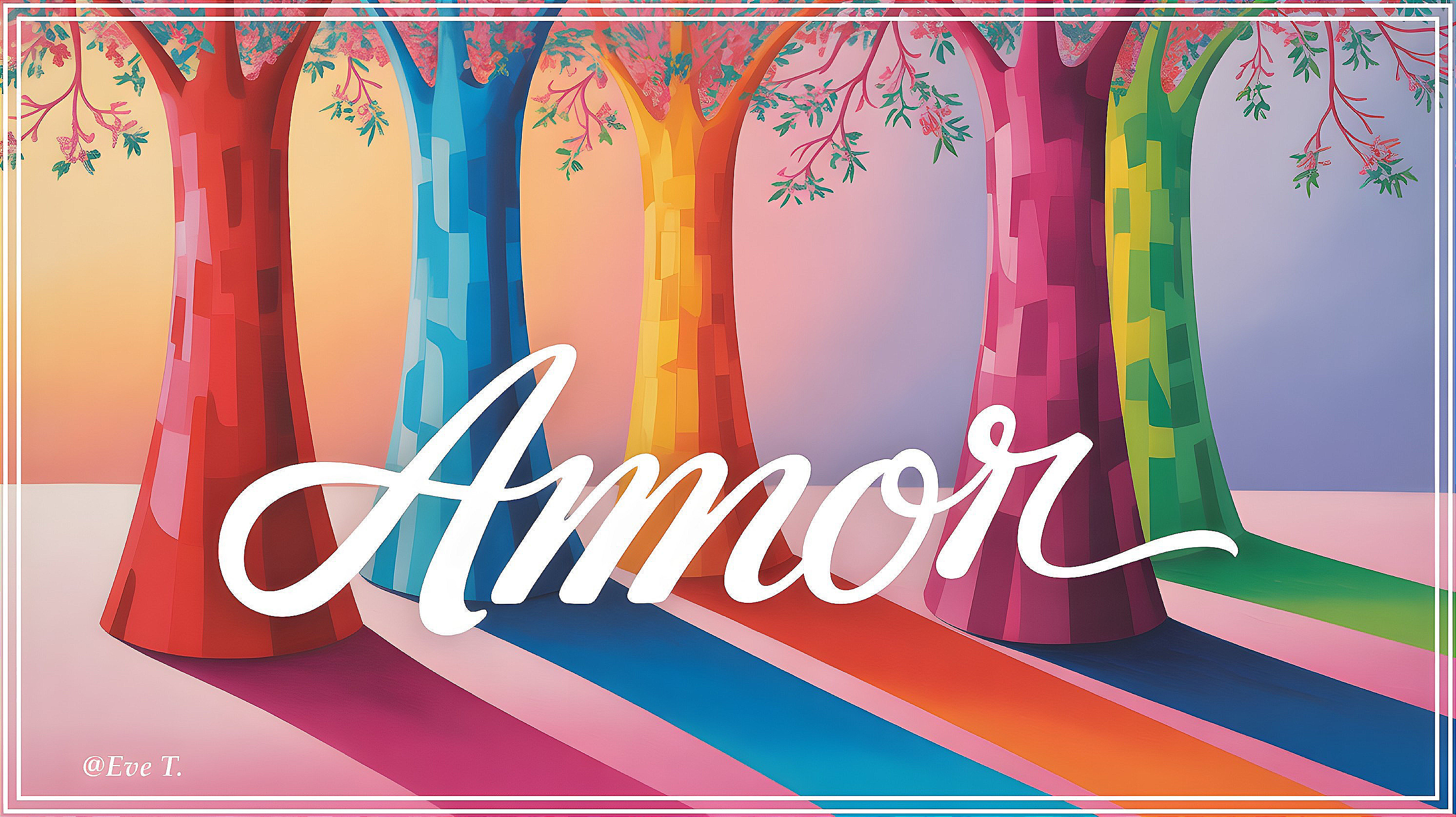 Vibrant Scene with Stylized Trees and Colorful Shadows