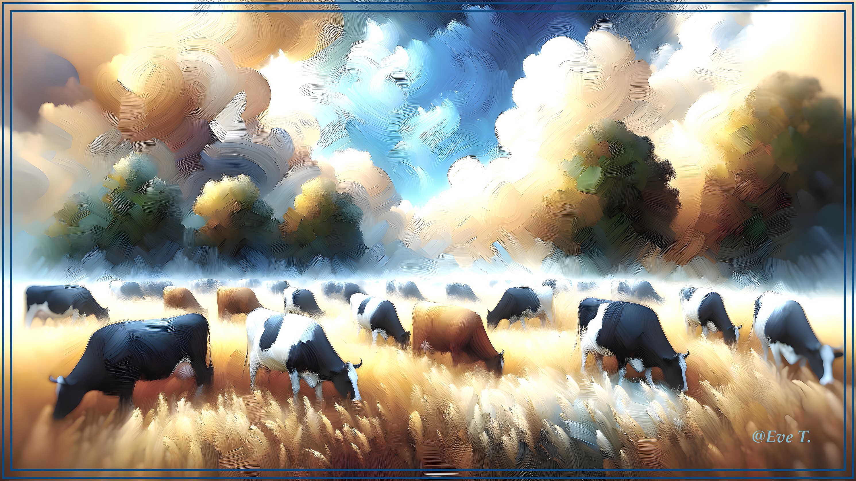 Serene Rural Landscape with Grazing Cows and Trees