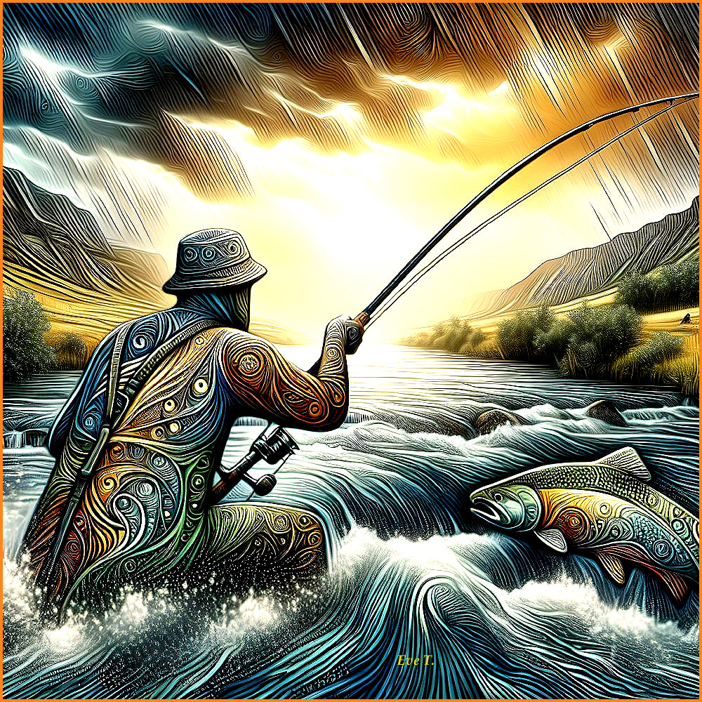 Fisherman Casting Line in Vibrant River Landscape