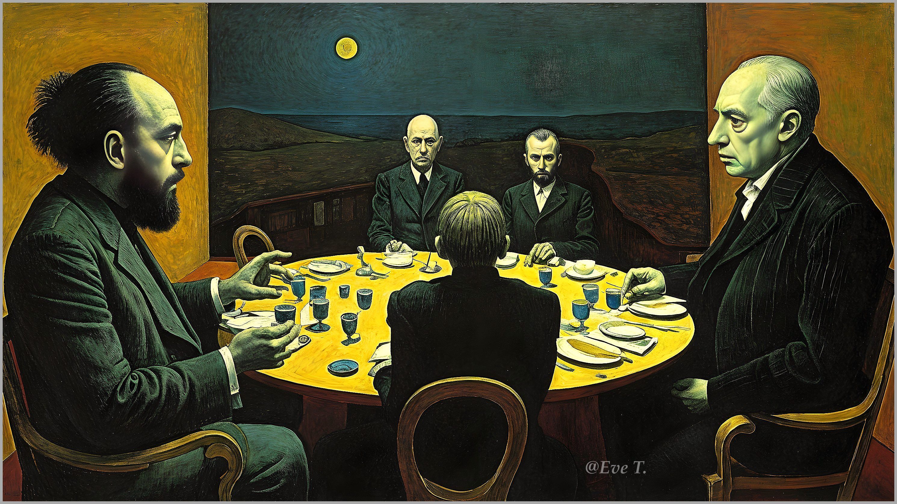 Group Discussion at Round Table with Moonlit Background
