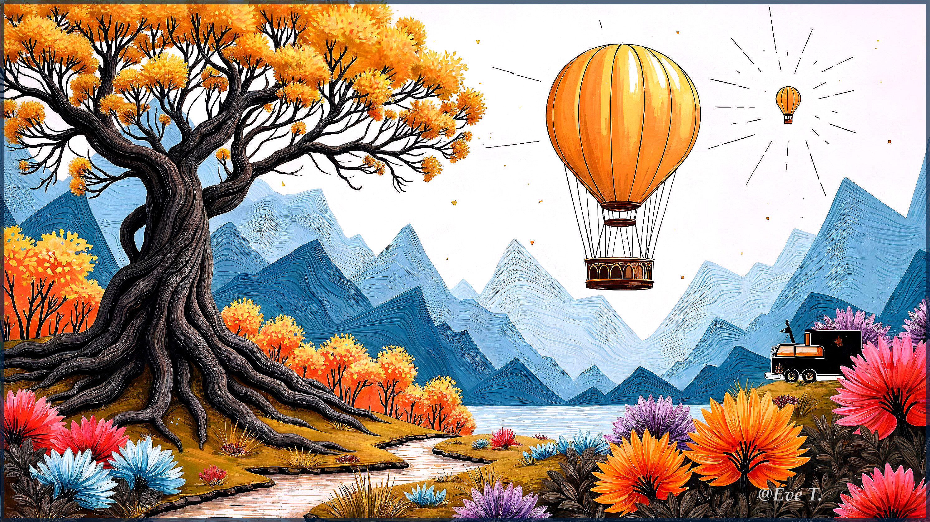 Vibrant Landscape with Tree, Lake, and Hot Air Balloons